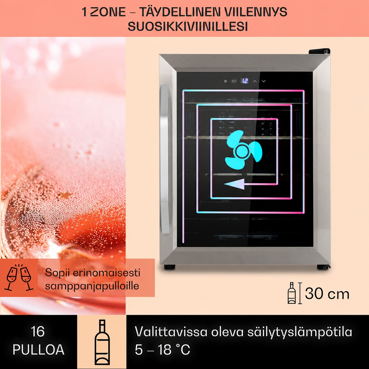 Vinamour 16 Uno viinikaappi 16 pullolle/42 l 5-18 °C 41 dB lasi 16 pulloa