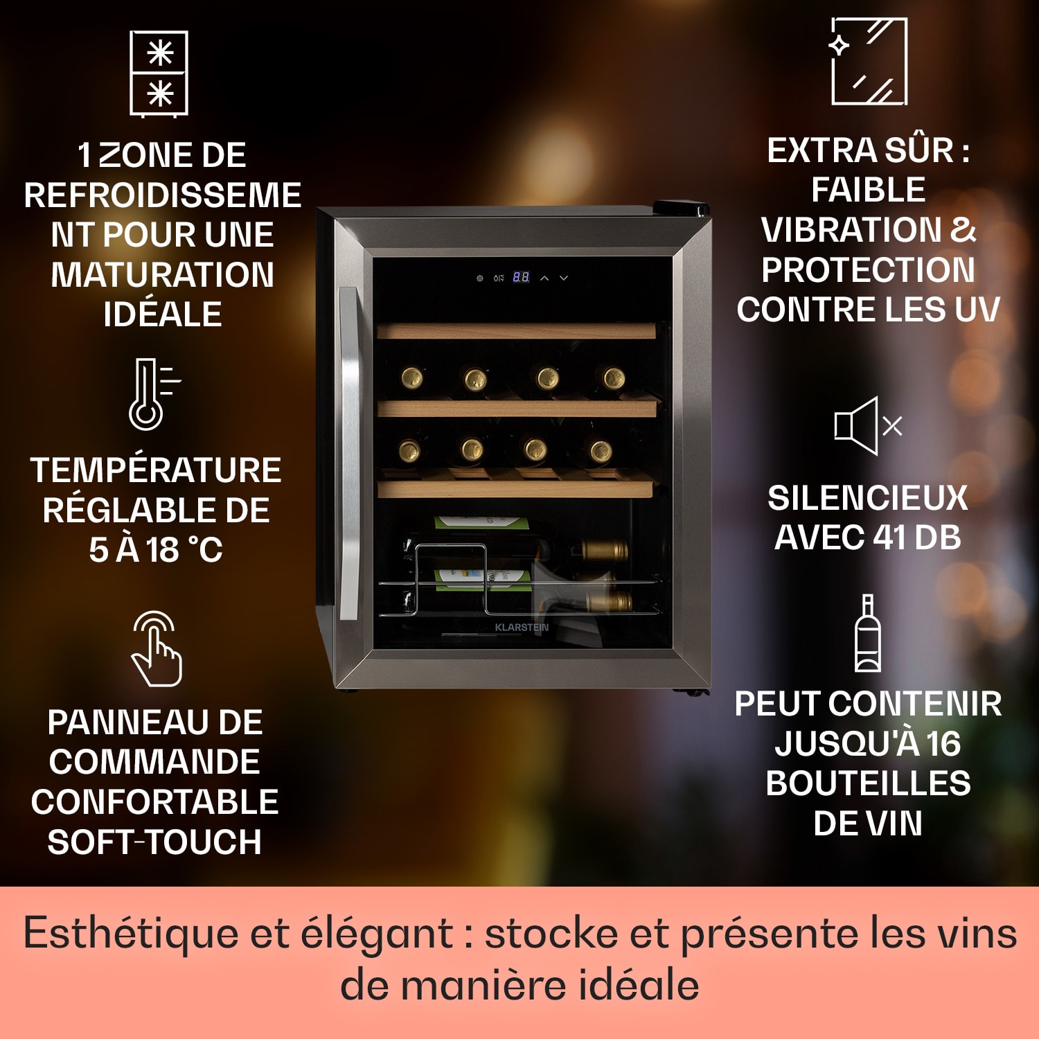 Vinamour 16 Uno wijnkoelkast 16 flessen/ 42 liter 5-18°C 41 dB glas 16 flessen | 1 koelzone | Roestvrij Staal