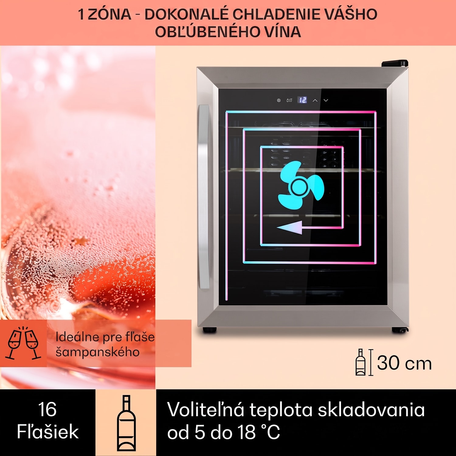 Vinamour 16 Uno, vinotéka, 42 l, 16 fliaš, 5-18°C, 41 dB, sklo 16 fliaš | 1 chladiaca zóna | Nehrdzavejúca oceľ