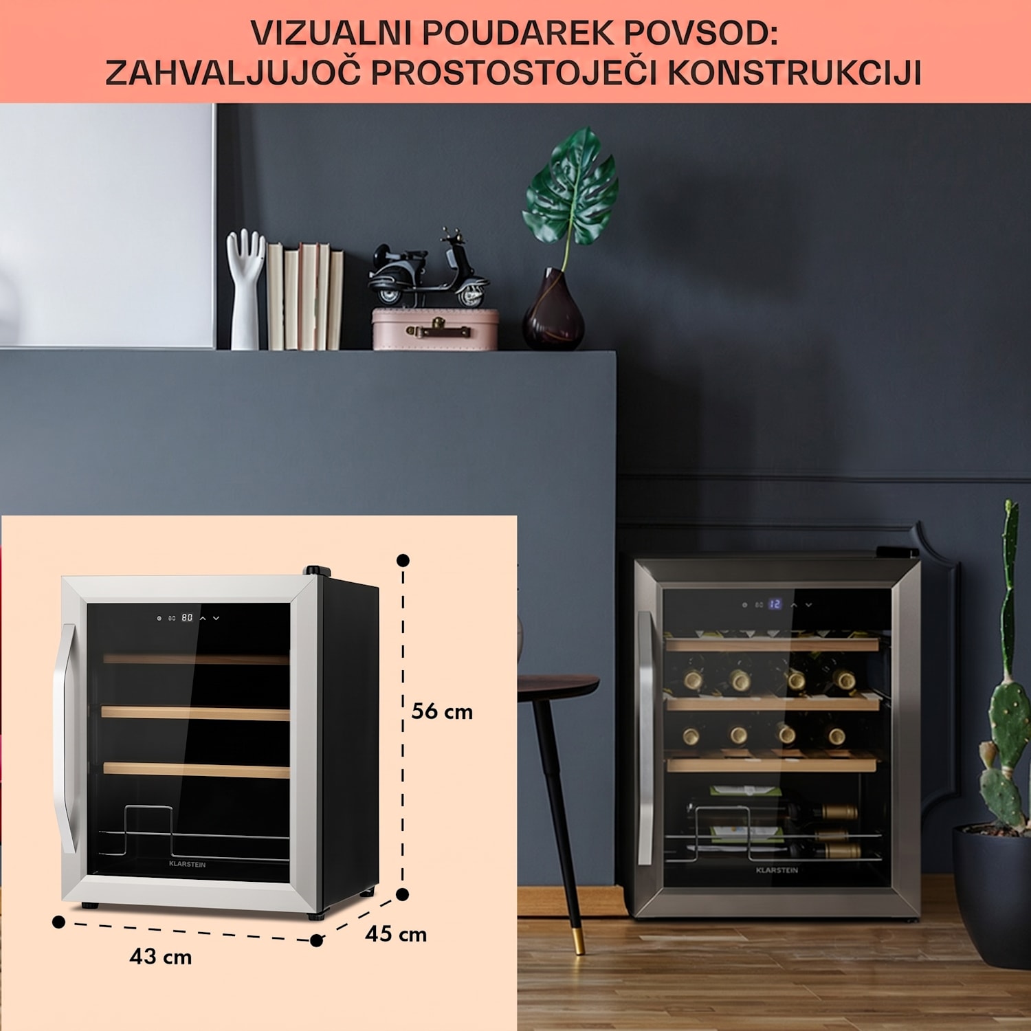 Vinamour 16 Uno, vinska omara, 16 steklenic /42l, 5-18°C, 41 dB, steklo 16 steklenic | 1 | Nerjaveče jeklo