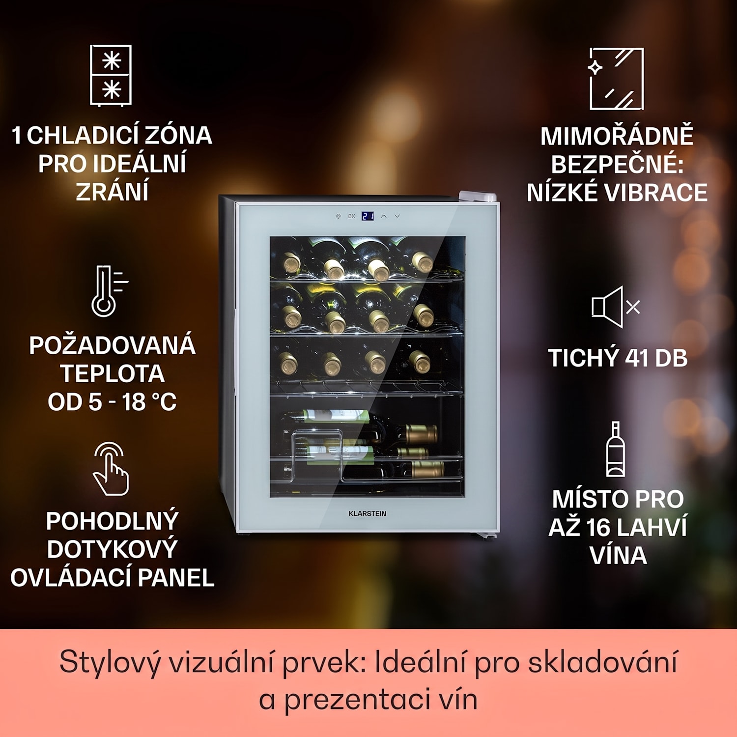 Shiraz 16 Quartz, vinotéka, 42 l,160 W, 5-18 °C, dotykové ovládání 16 lahví | 1 chladící zóna | Bílé sklo