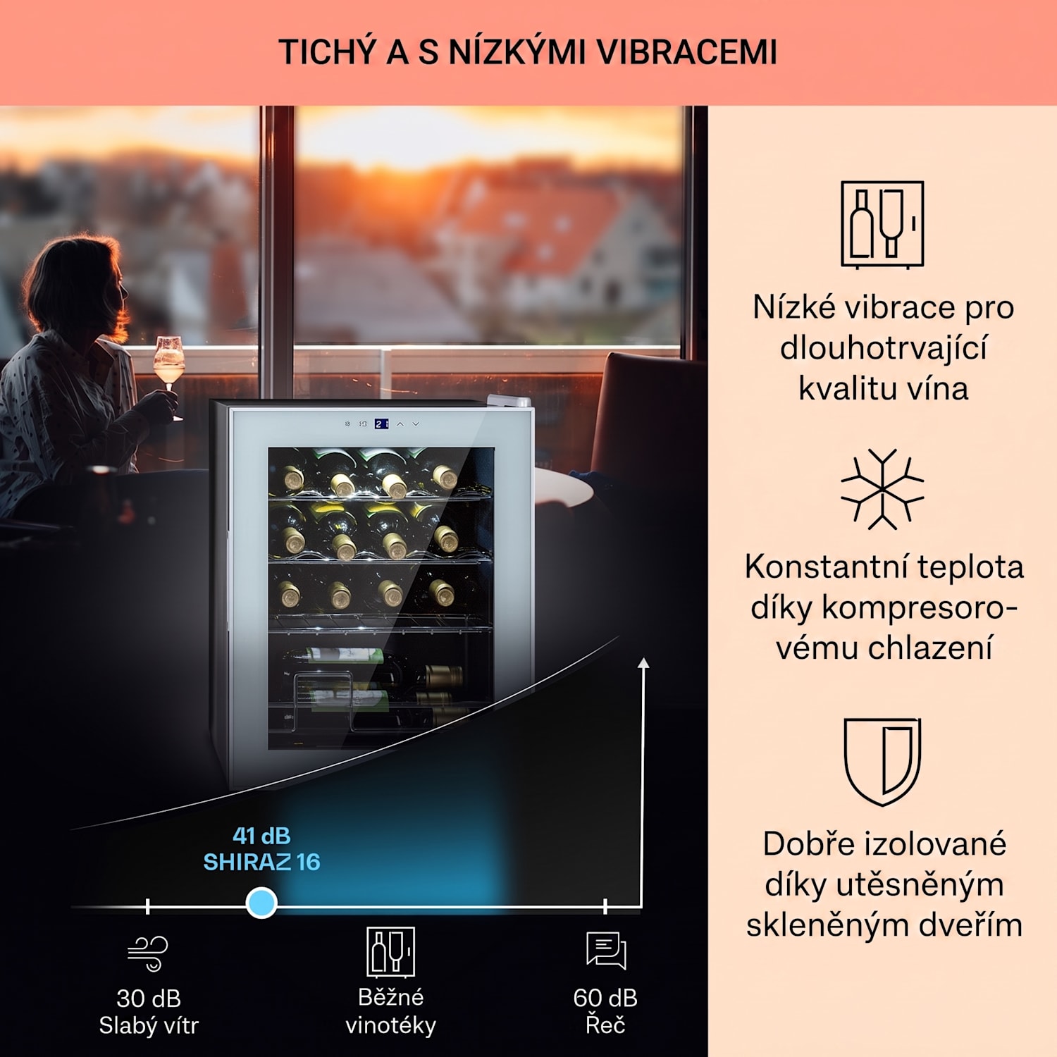 Shiraz 16 Quartz, vinotéka, 42 l,160 W, 5-18 °C, dotykové ovládání 16 lahví | 1 chladící zóna | Bílé sklo