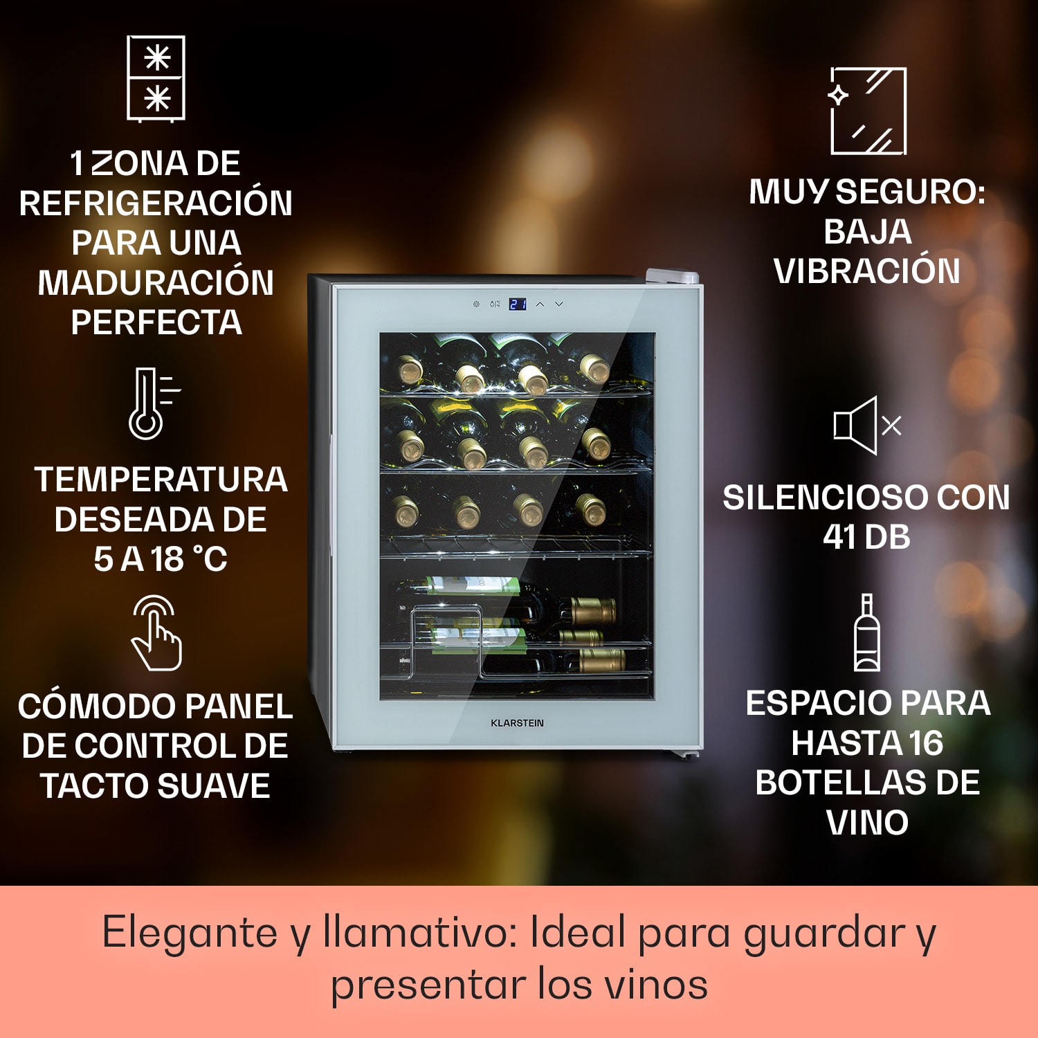 Shiraz 16 Quartz Vinoteca 42l Panel de control táctil 160 W 5-18 °C 16 botellas | 1 zona de refrigeración | Vidrio Blanco