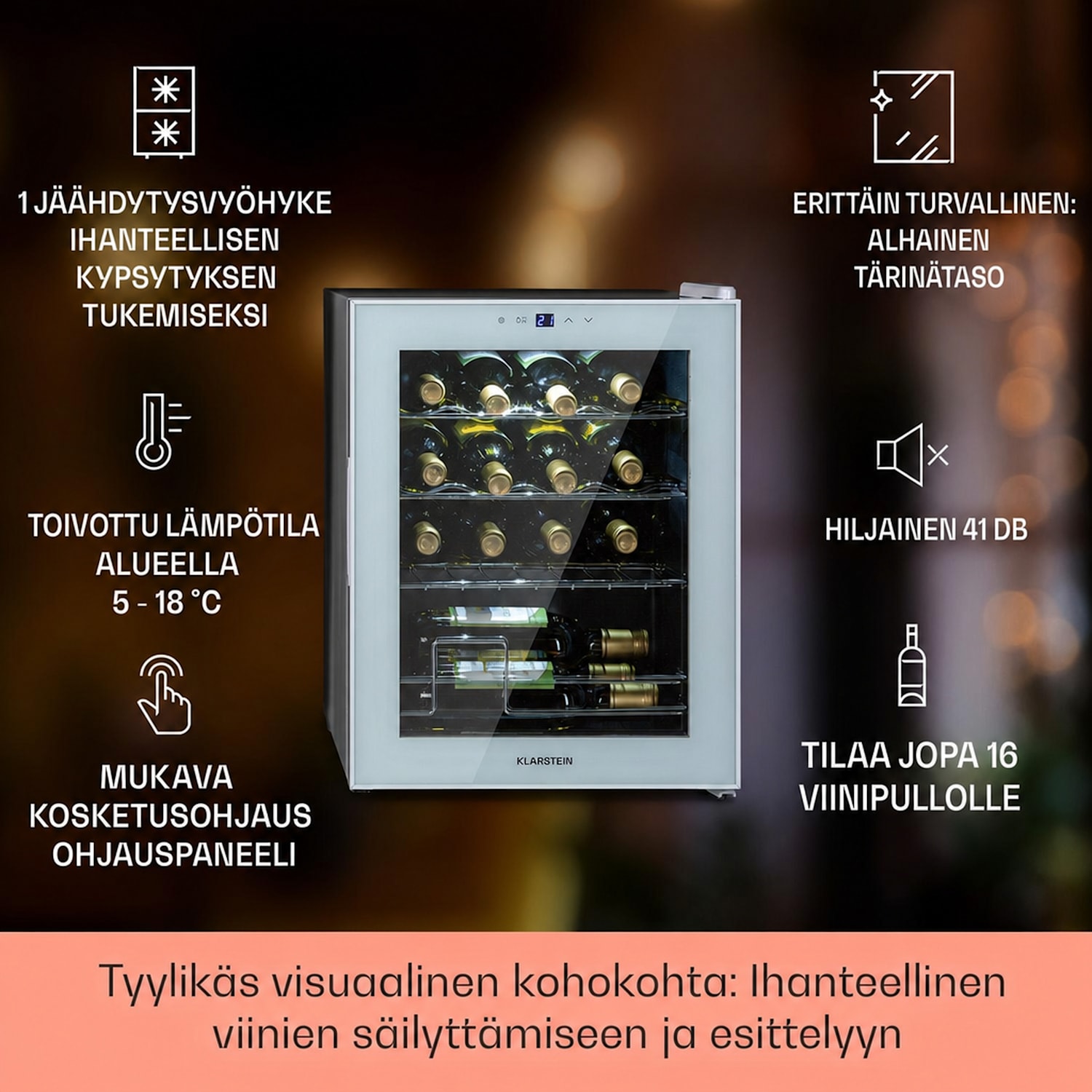 Shiraz 16 Quartz viinikaappi 42 l kosketuspaneeli 160 W 5-18 °C 16 pulloa | 1 jäähdytysalue | Valkoinen Lasi