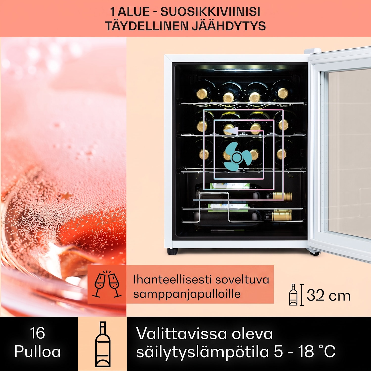 Shiraz 16 Quartz viinikaappi 42 l kosketuspaneeli 160 W 5-18 °C 16 pulloa | 1 jäähdytysalue | Valkoinen Lasi