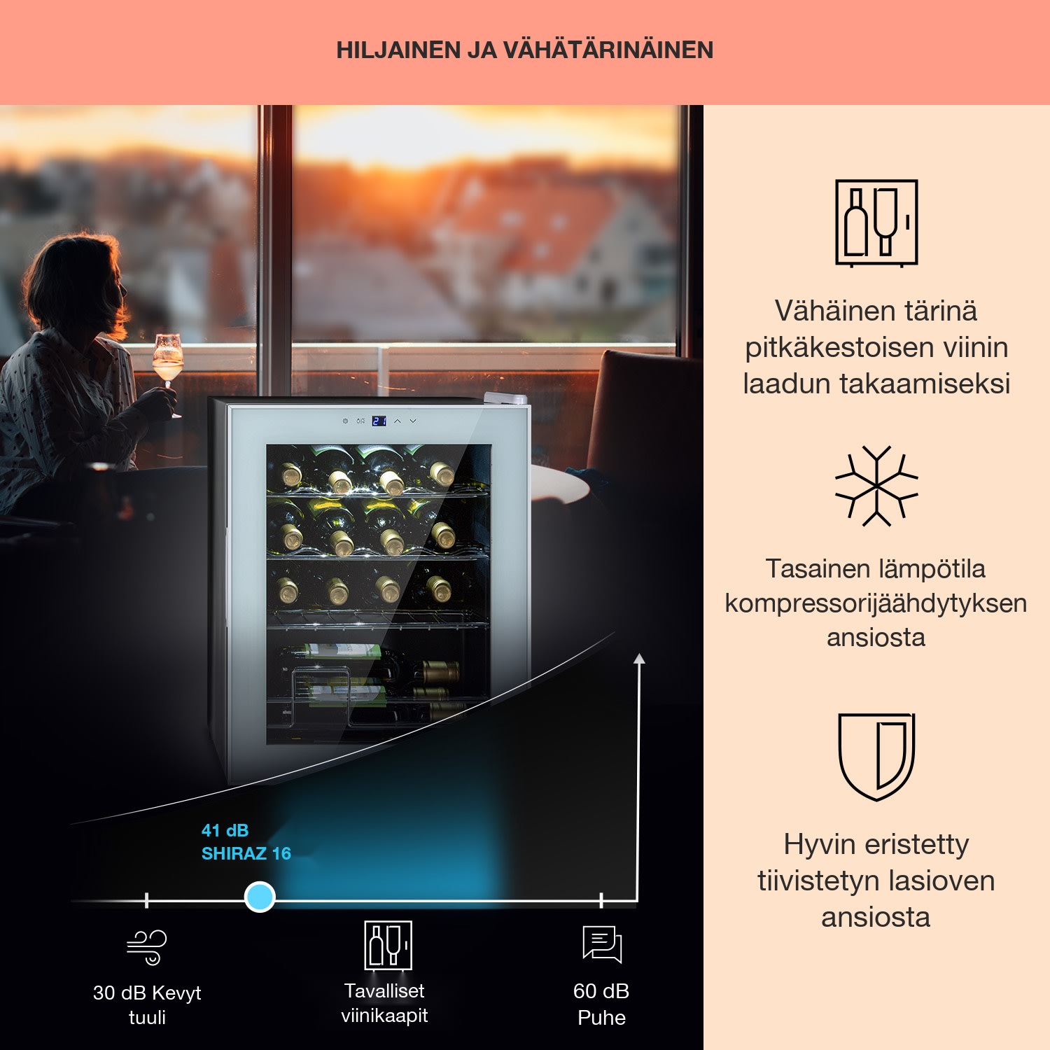 Shiraz 16 Quartz viinikaappi 42 l kosketuspaneeli 160 W 5-18 °C 16 pulloa | 1 jäähdytysalue | Valkoinen Lasi