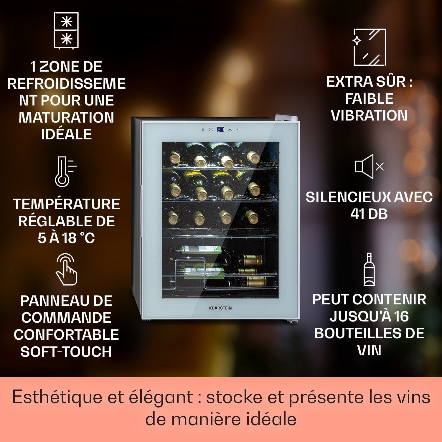 Shiraz 16 Quartz wijnkoelkast 42 L touch bediening 160 W 5-18°C 16 flessen | 1 koelzone | Wit Glas