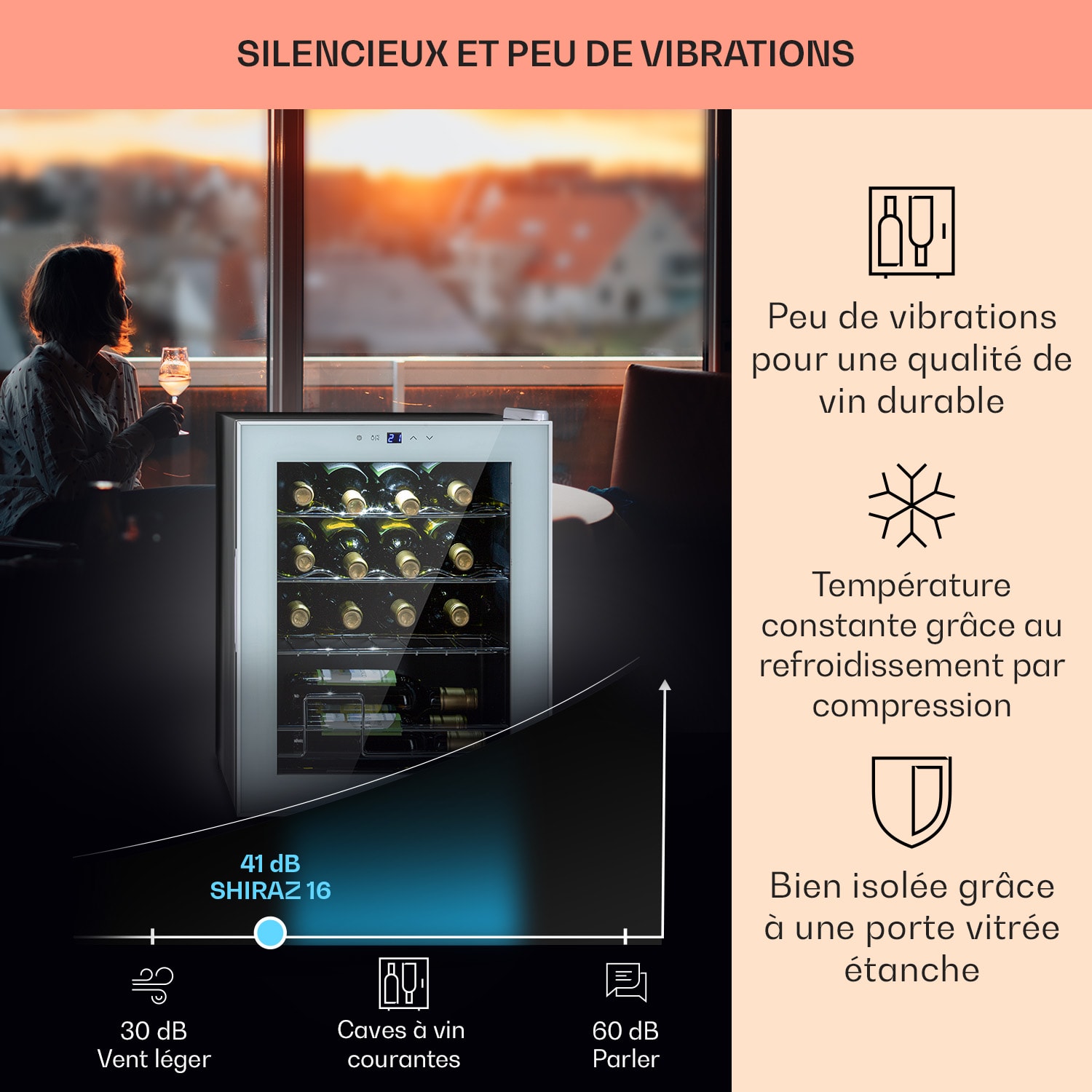 Shiraz 16 Quartz wijnkoelkast 42 L touch bediening 160 W 5-18°C 16 flessen | 1 koelzone | Wit Glas