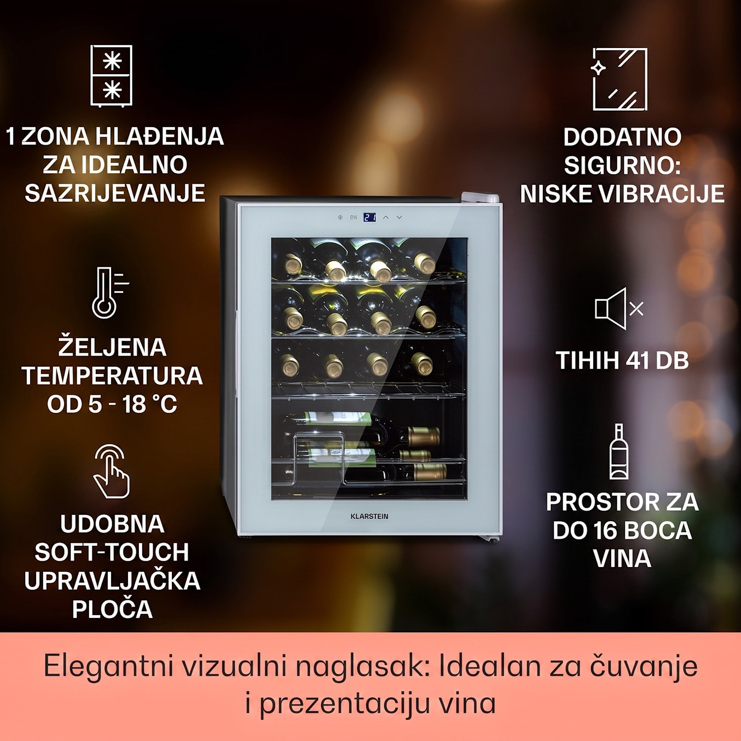 Shiraz 16 Quartz, vinoteka, 42l, touch control panel, 160 W, 5-18°C 16 boca | 1 | Bijelo staklo