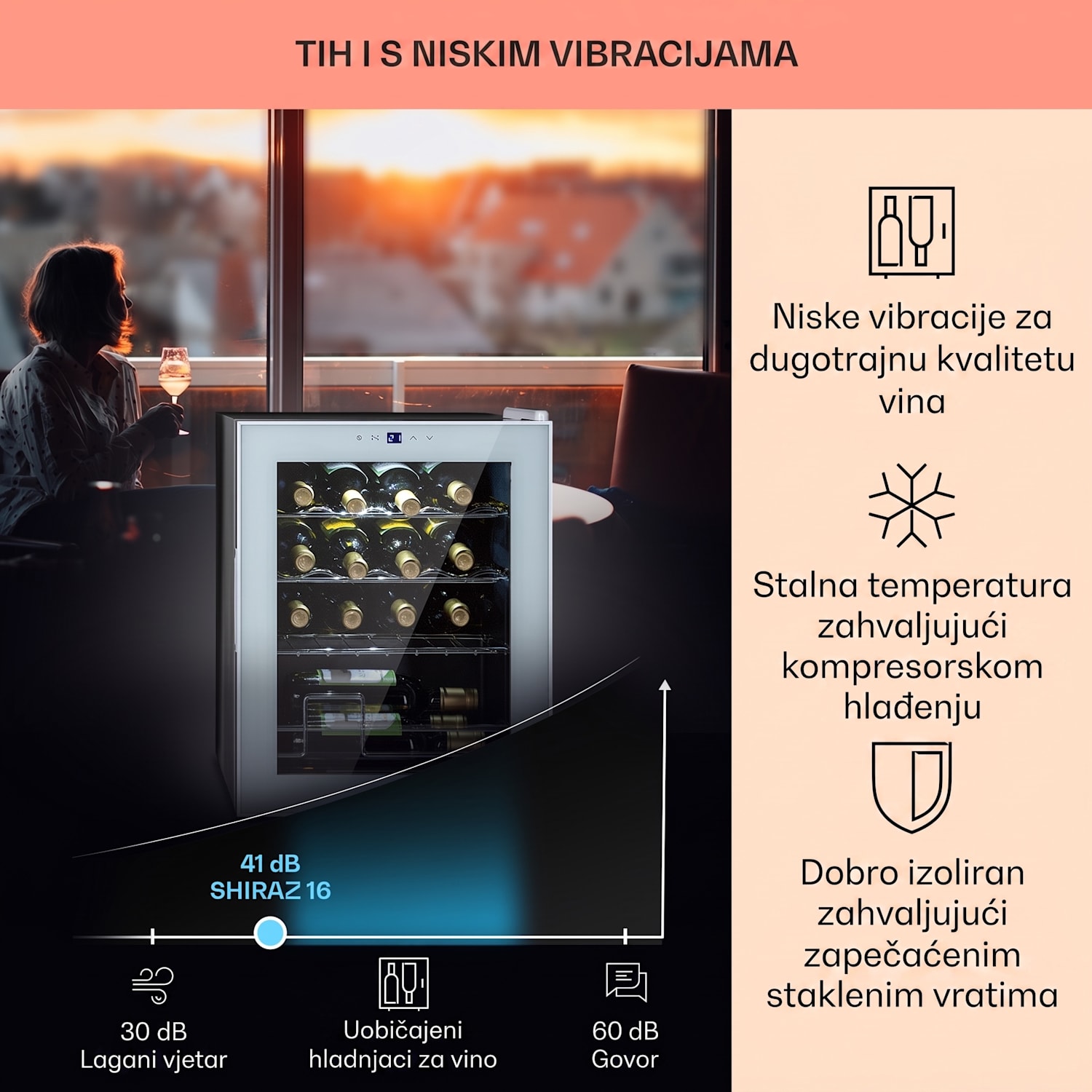 Shiraz 16 Quartz, vinoteka, 42l, touch control panel, 160 W, 5-18°C 16 boca | 1 | Bijelo staklo