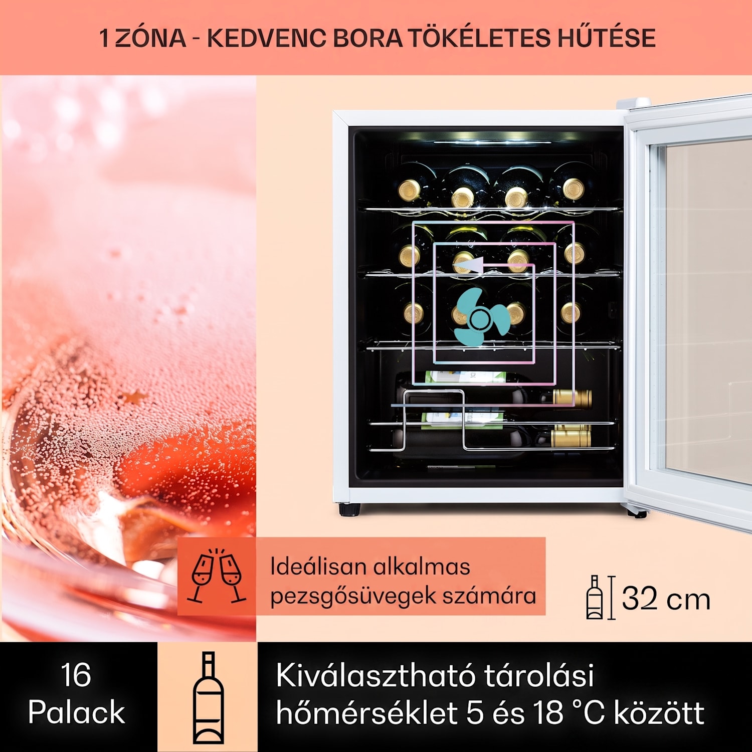Shiraz 16 Quartz, borhűtő, 42 liter, 160 W, 5 - 18 °C, érintőképernyős vezérlőpanel 16 palack | 1 hűtőzóna | Fehér üveg