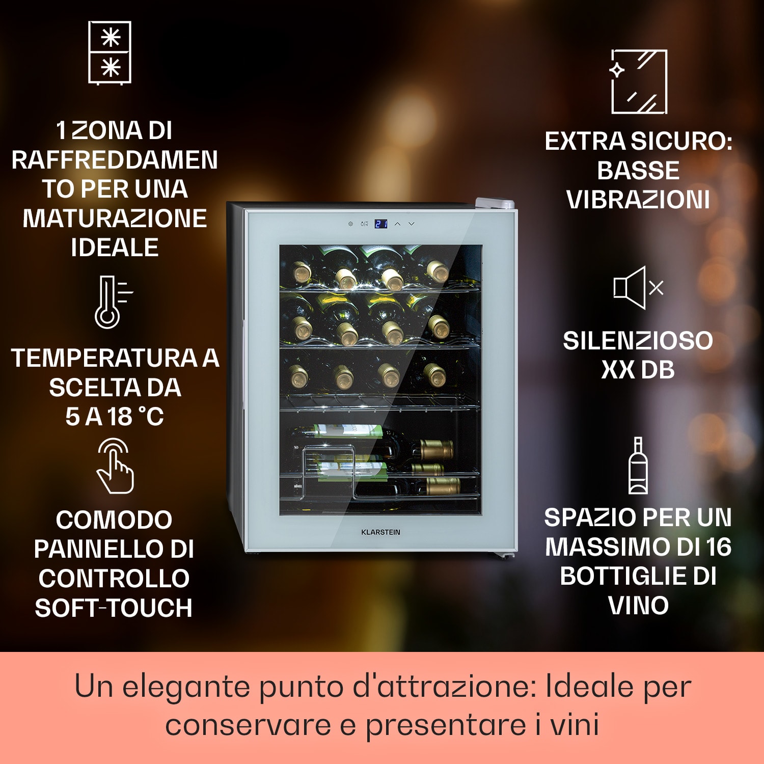 Shiraz 16 Quartz - Frigorifero per vini, 42 l, pannello di controllo touch, 160 W, 5-18 °C 16 bottiglie | 1 zona di raffreddamento | Bianco trasparente
