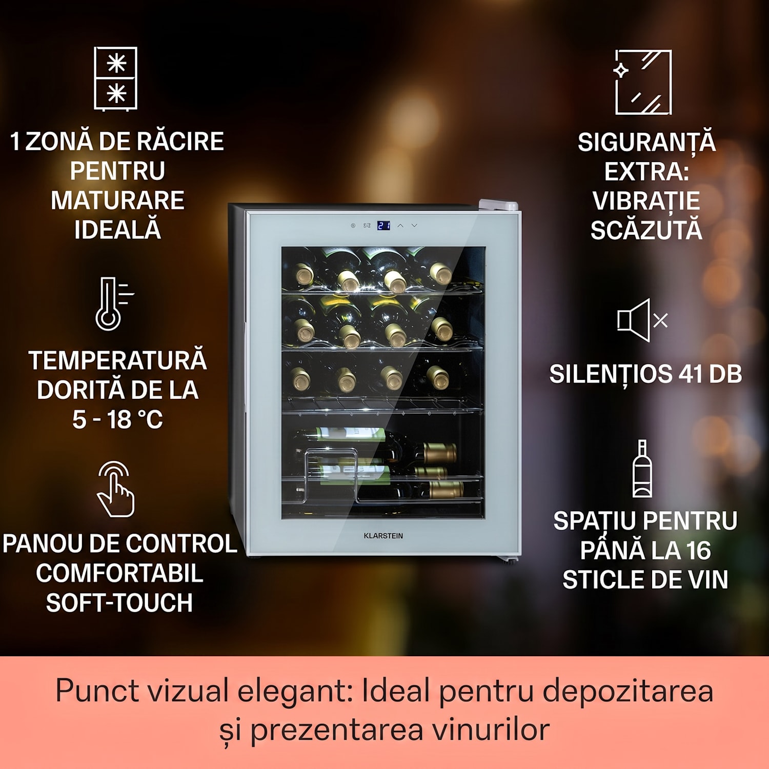 Shiraz 16 Quartz, frigider pentru vin, 42 l, panou de control tactil, 160 W, 5 - 18 °C 16 sticle | 1 | Sticlă albă