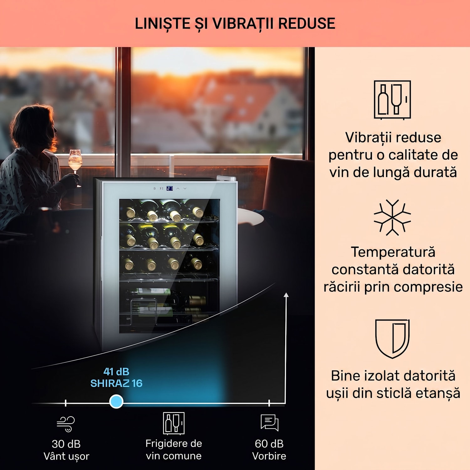 Shiraz 16 Quartz, frigider pentru vin, 42 l, panou de control tactil, 160 W, 5 - 18 °C 16 sticle | 1 | Sticlă albă