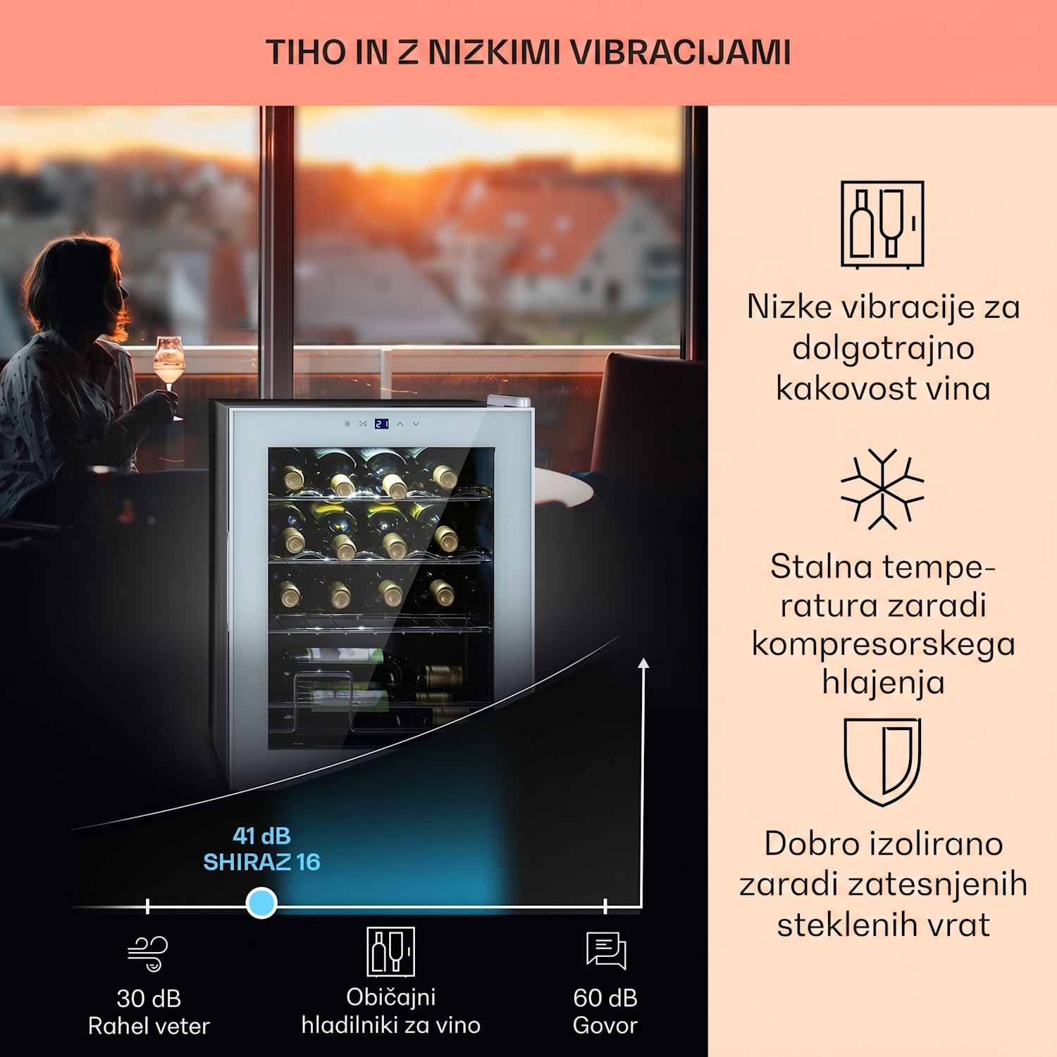 Shiraz 16 Quartz, vinoteka, 42 l, nadzorna plošča na dotik, 160 W, 5 -18 °C 16 steklenic | 1 | Belo Steklo