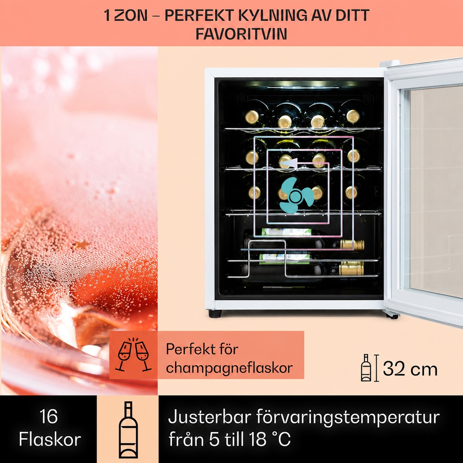 Shiraz 16 Quartz Vinkylskåp 42 l touchpanel 160 W 5-18 °C 16 flaskor | 1 kylzon | Vit Glas