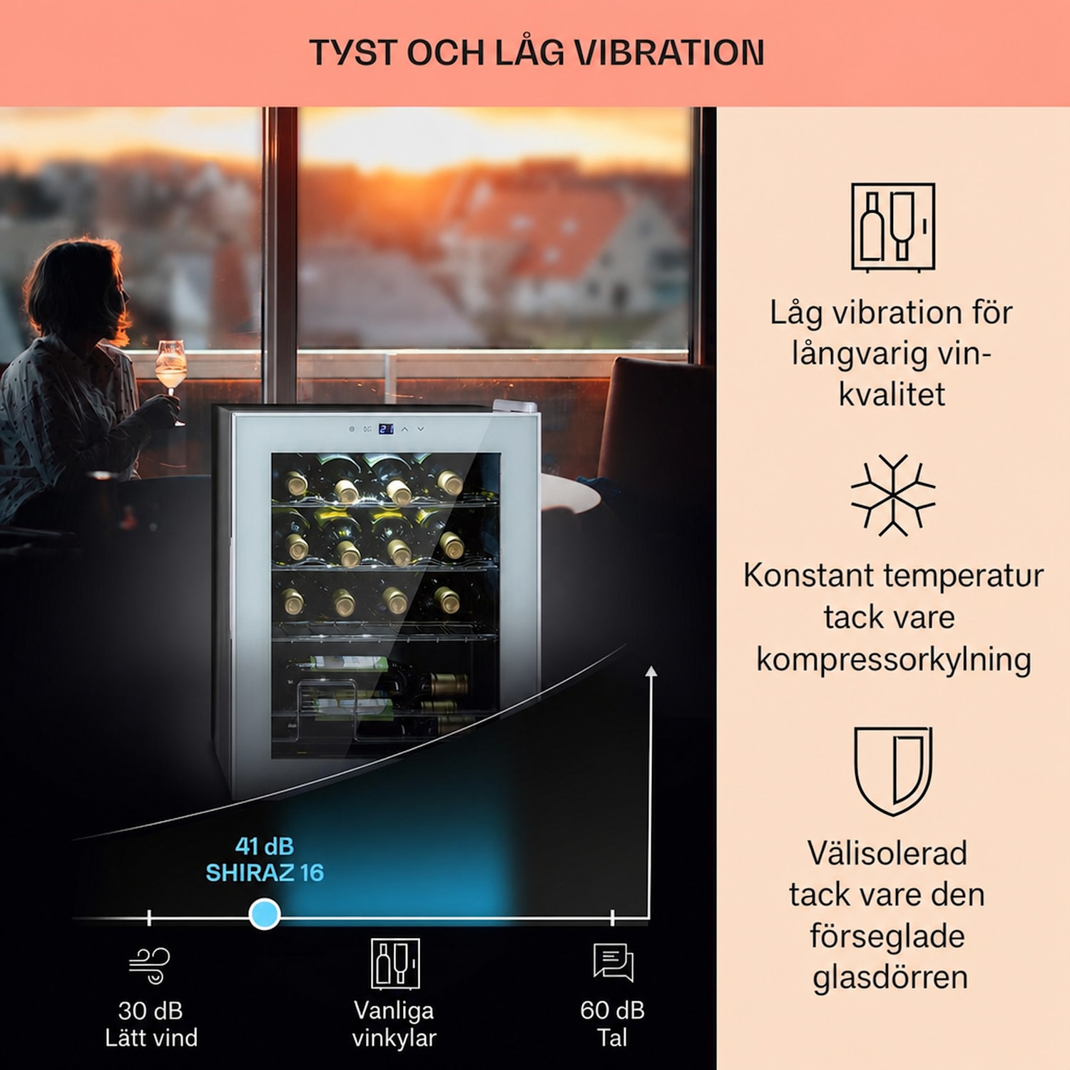Shiraz 16 Quartz Vinkylskåp 42 l touchpanel 160 W 5-18 °C 16 flaskor | 1 kylzon | Vit Glas