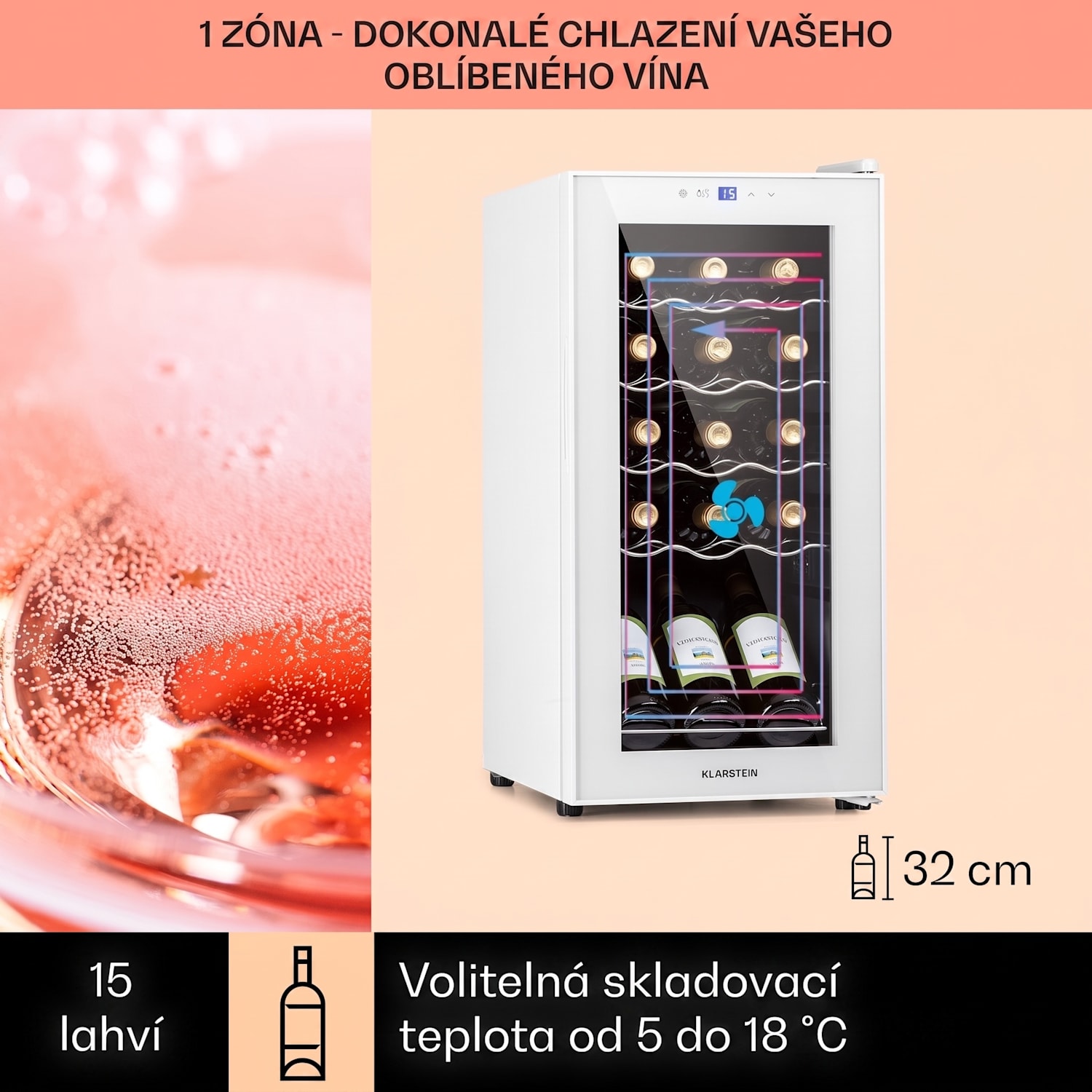 Shiraz 15 Slim Uno, vinotéka, 44 l, dotykové ovládání, 135 W, 5-18 °C, bílá 15 lahví | 1 chladící zóna | Bílé sklo