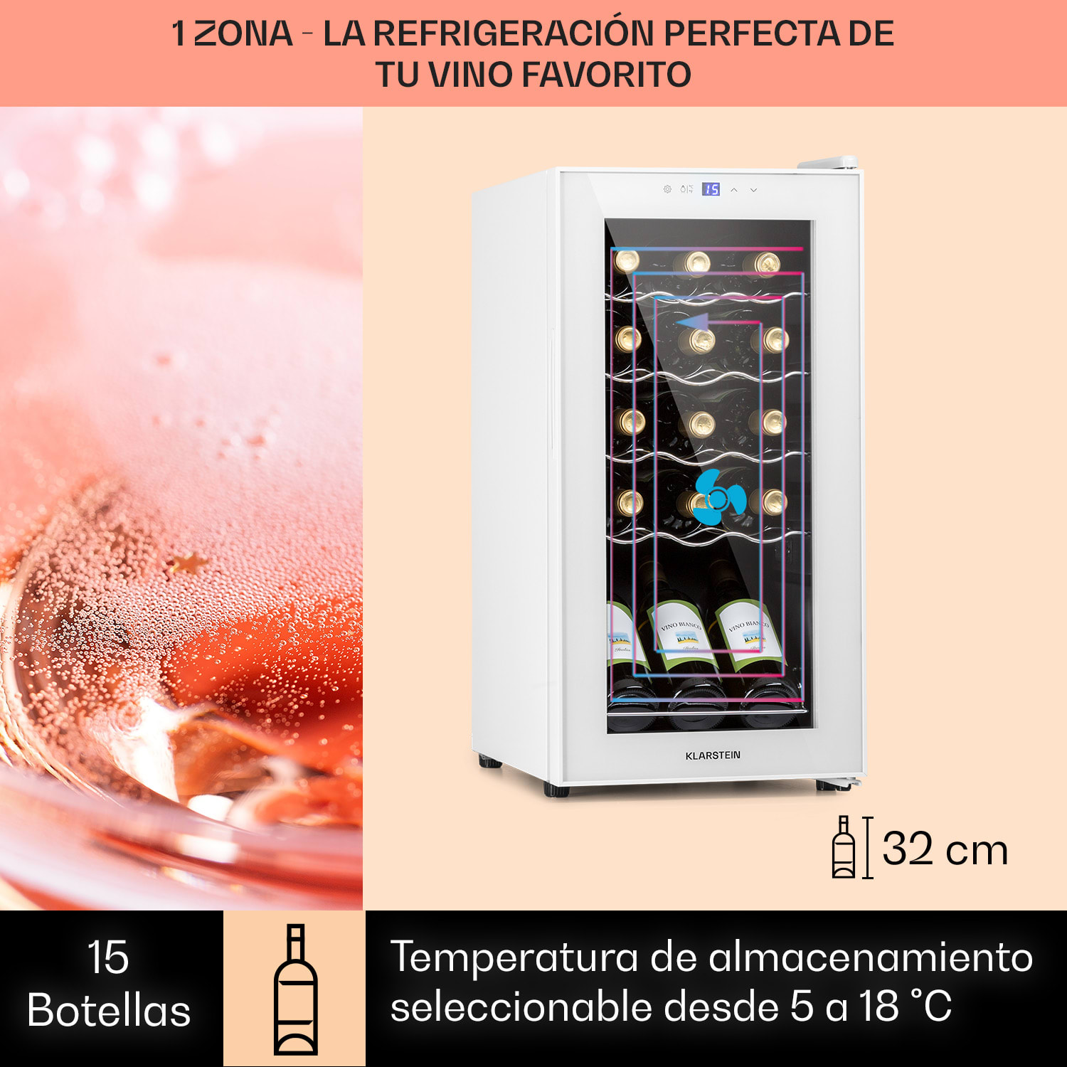 Shiraz 15 Slim Uno Vinoteca 44l panel de control táctil de 5 a 18 °C 15 botellas | 1 zona de refrigeración | Vidrio Blanco