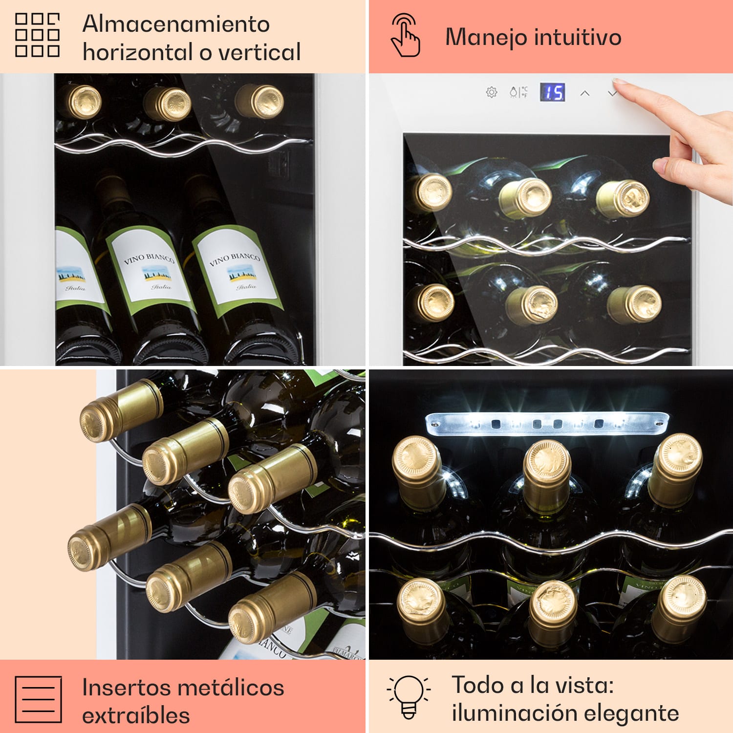 Shiraz 15 Slim Uno Vinoteca 44l panel de control táctil de 5 a 18 °C 15 botellas | 1 zona de refrigeración | Vidrio Blanco
