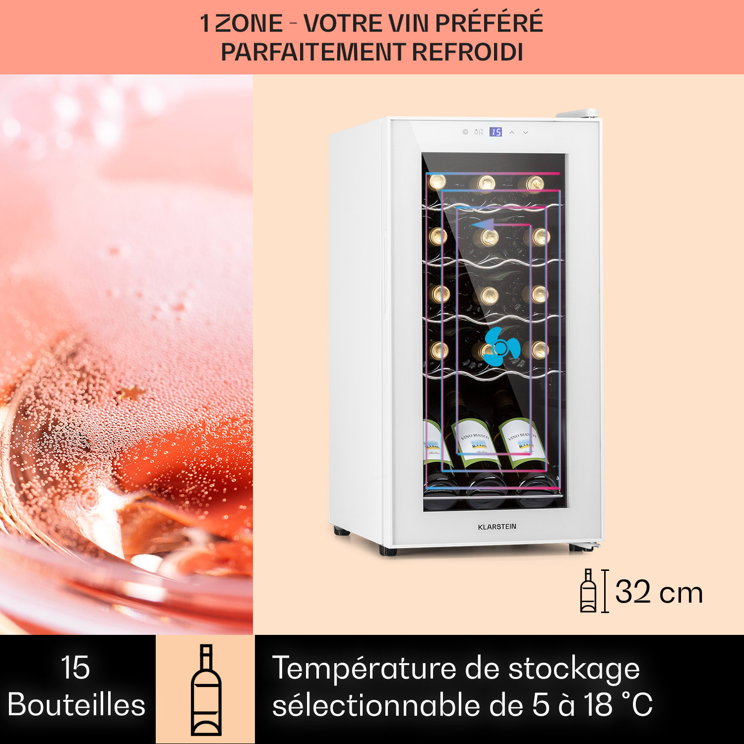 Shiraz 15 Slim Uno wijnkoelkast 44 liter touch bedieningspaneel 5-18°C 15 flessen | 1 koelzone | Wit Glas