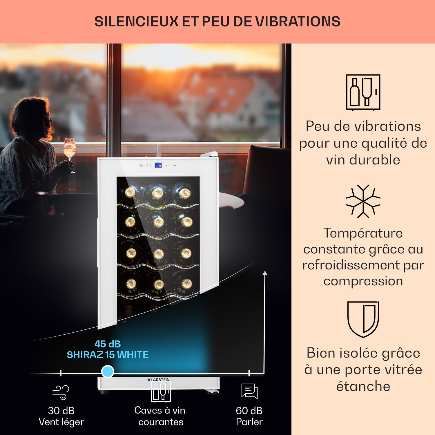 Shiraz 15 Slim Uno Cave à vin 44 L Panneau de contrôle tactile 5-18° C 15 bouteilles | 1 zone de conservation | Verre Blanc
