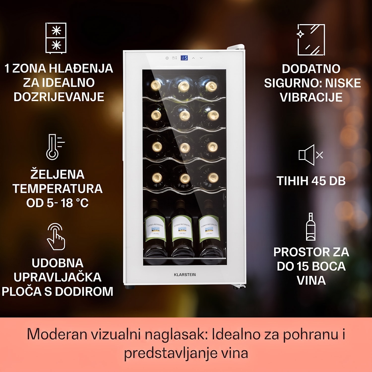 Shiraz 15 Slim Uno, hladnjak za vino, 44 L, touch screen, 135 W, 5 – 18 °C, crna 15 boca | 1 | Bijelo staklo