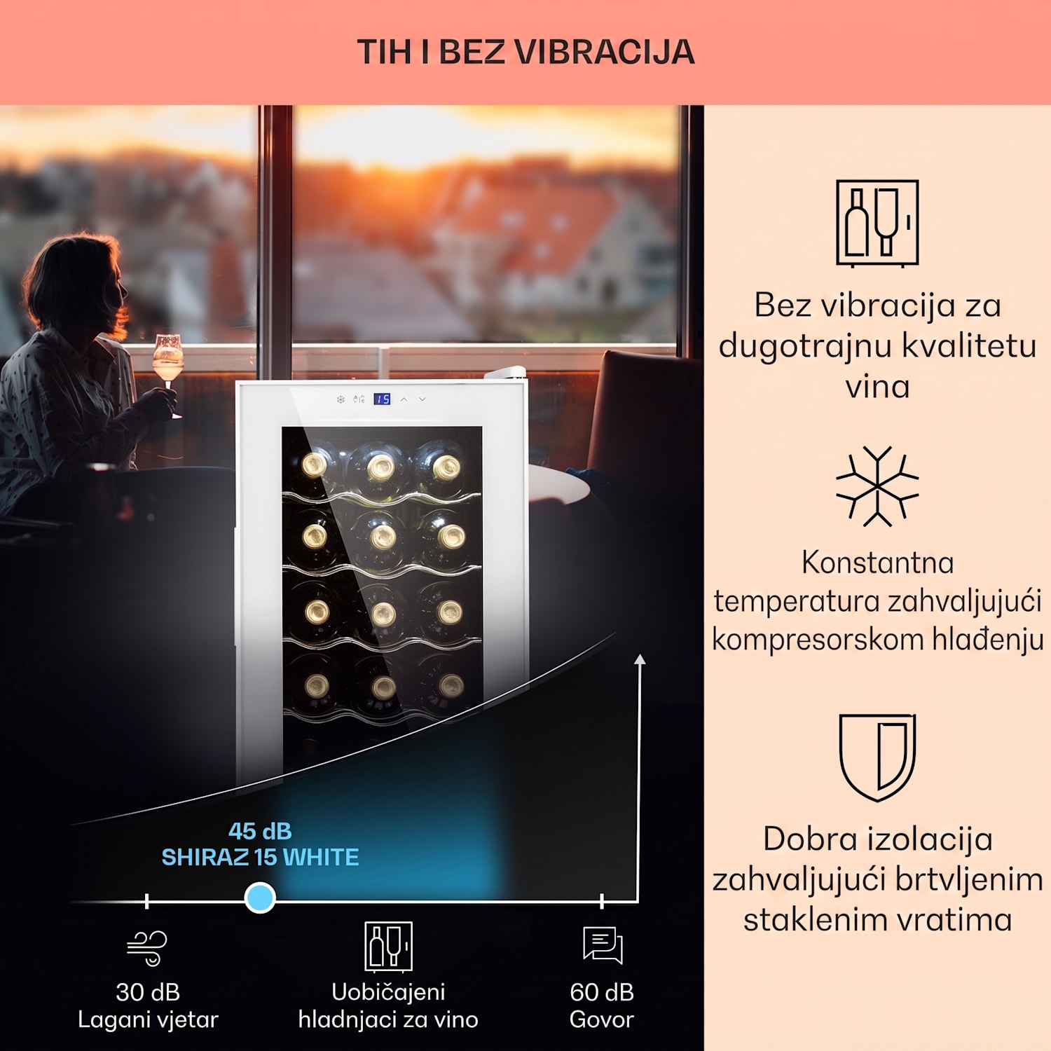 Shiraz 15 Slim Uno, hladnjak za vino, 44 L, touch screen, 135 W, 5 – 18 °C, crna 15 boca | 1 | Bijelo staklo