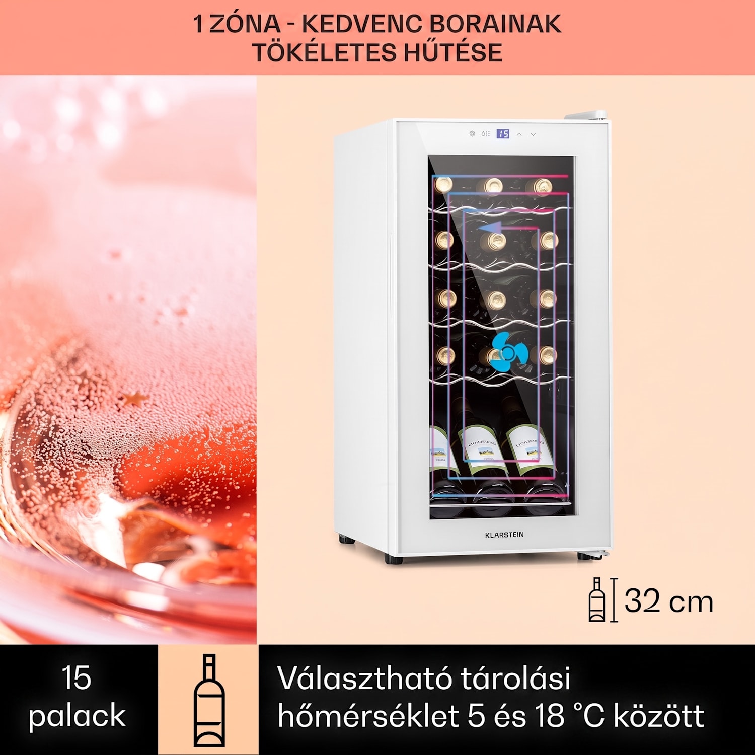Shiraz 15 Slim Uno, borhűtő, 44 liter, 135 W, 5 – 18 °C, érintőképernyős, fekete 15 üveg | 1 hűtőzóna | Fehér üveg