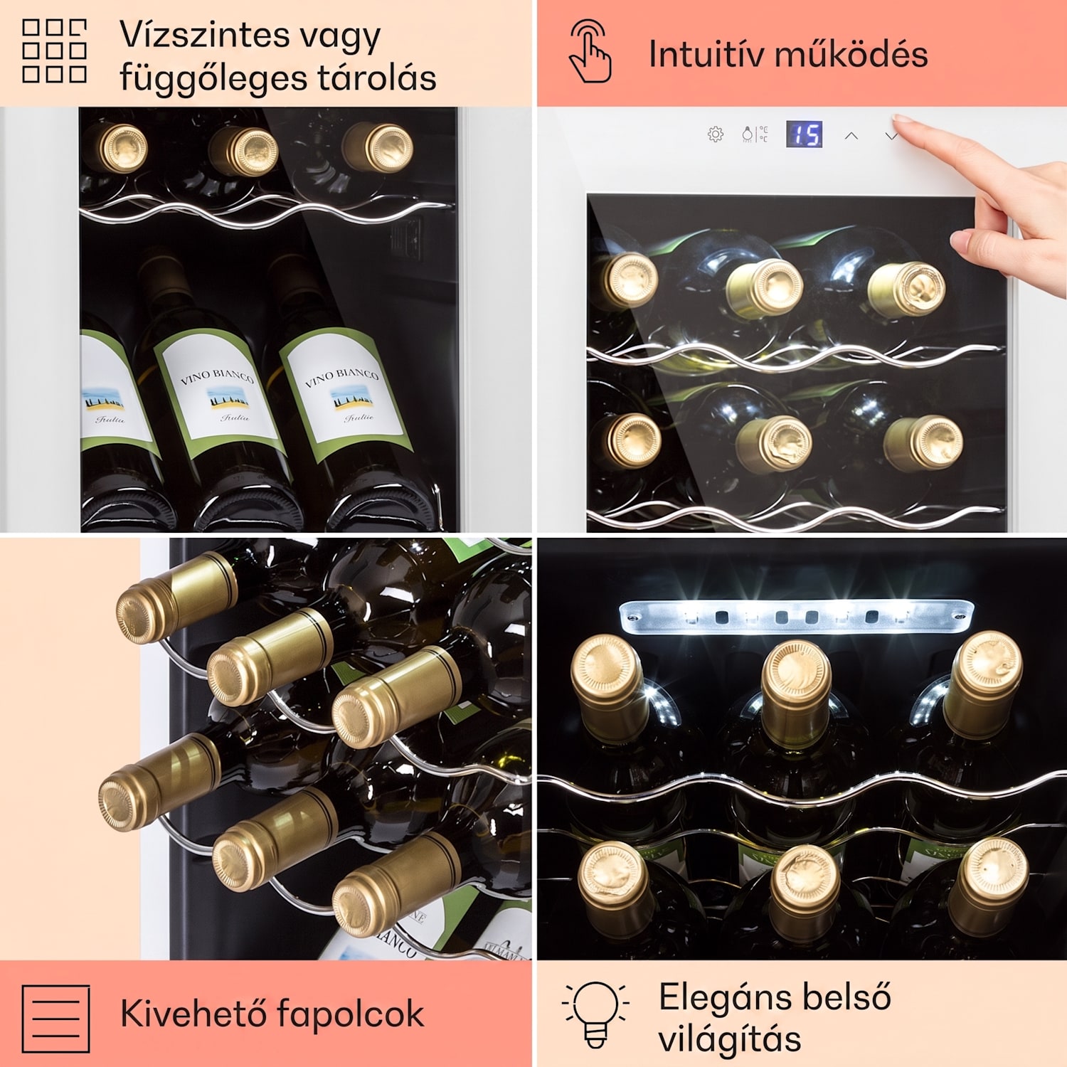 Shiraz 15 Slim Uno, borhűtő, 44 liter, 135 W, 5 – 18 °C, érintőképernyős, fekete 15 üveg | 1 hűtőzóna | Fehér üveg