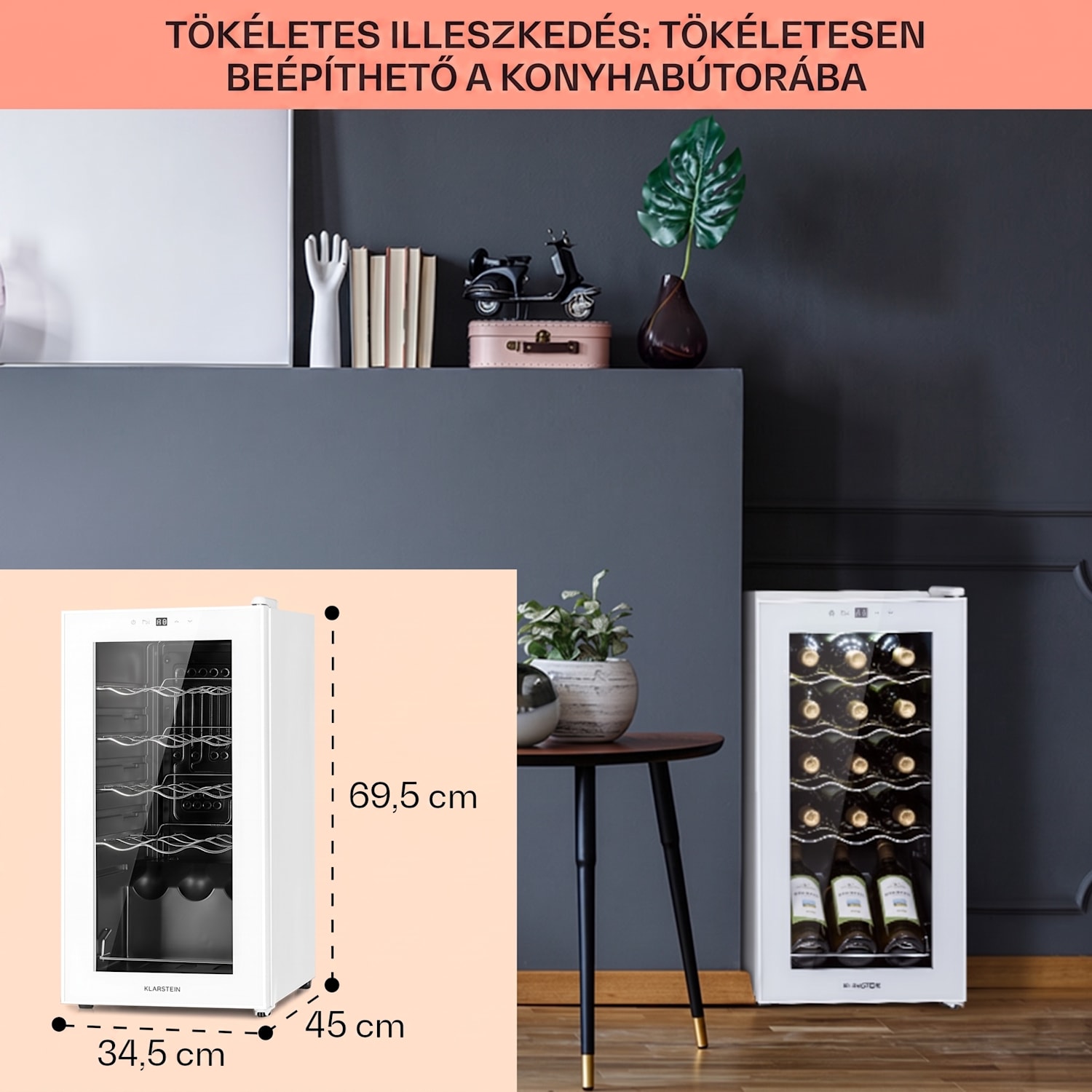 Shiraz 15 Slim Uno, borhűtő, 44 liter, 135 W, 5 – 18 °C, érintőképernyős, fekete 15 üveg | 1 hűtőzóna | Fehér üveg