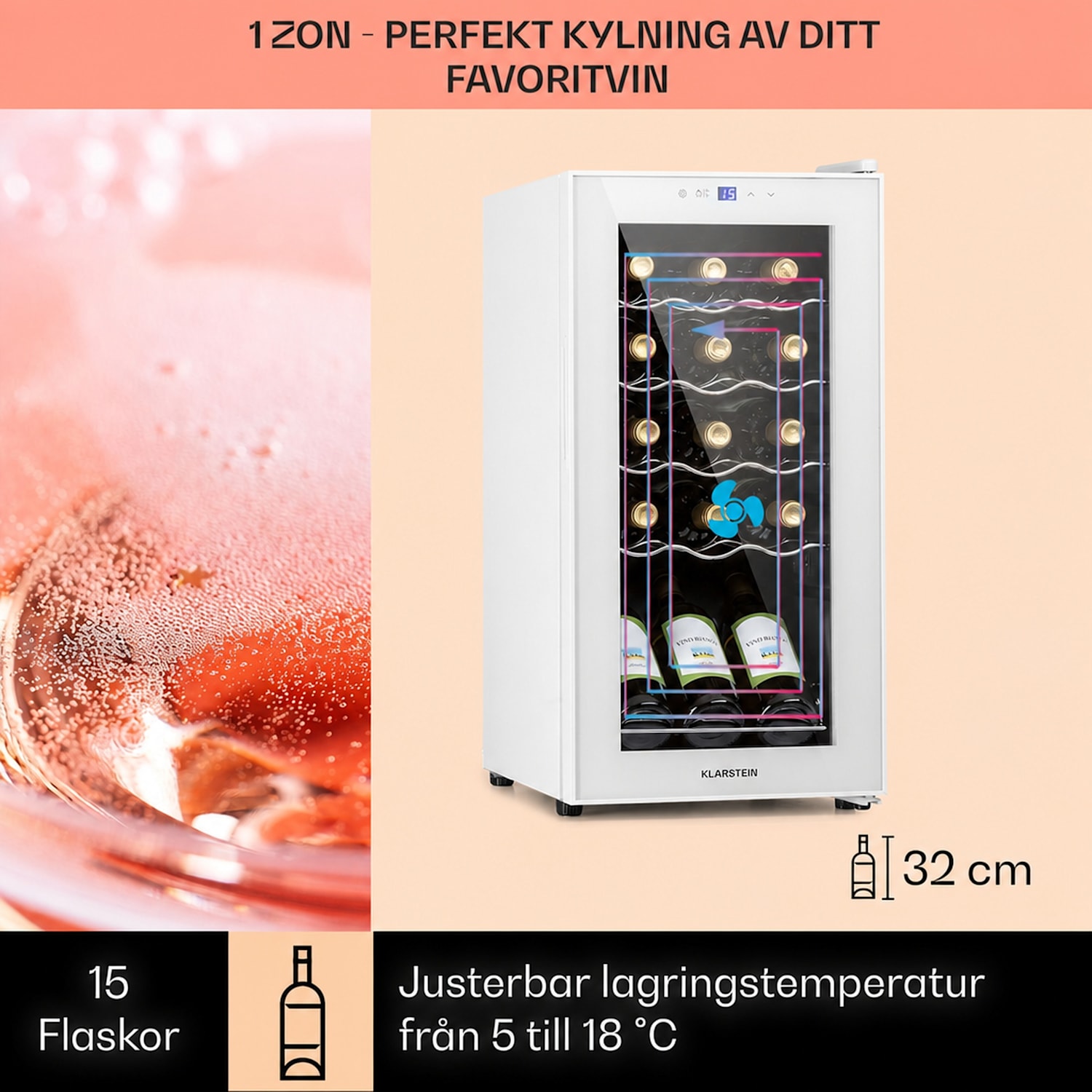 Shiraz 15 Slim Uno Vinkylskåp 44l touch-kontrollpanel 5-18°C 15 flaskor | 1 kylzon | Vit Glas