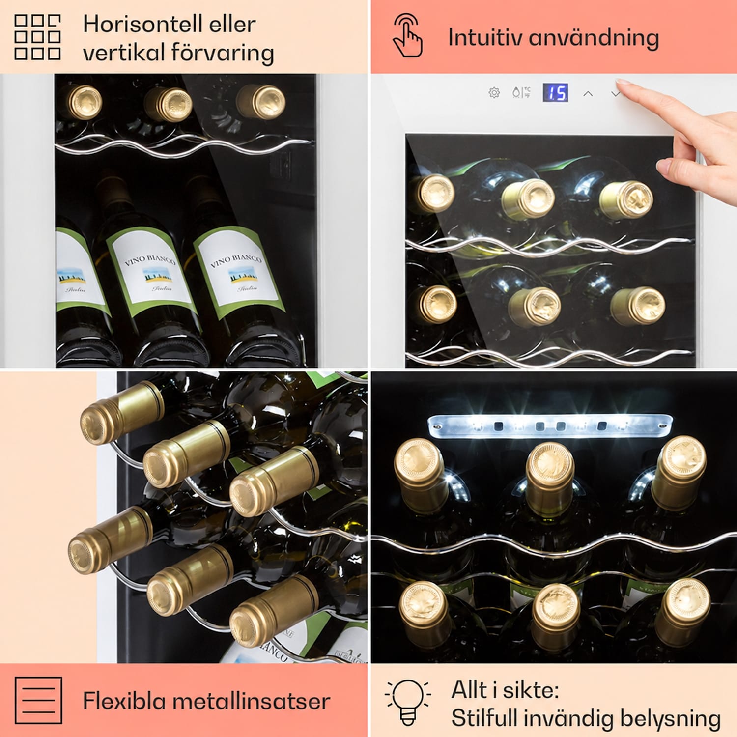 Shiraz 15 Slim Uno Vinkylskåp 44l touch-kontrollpanel 5-18°C 15 flaskor | 1 kylzon | Vit Glas