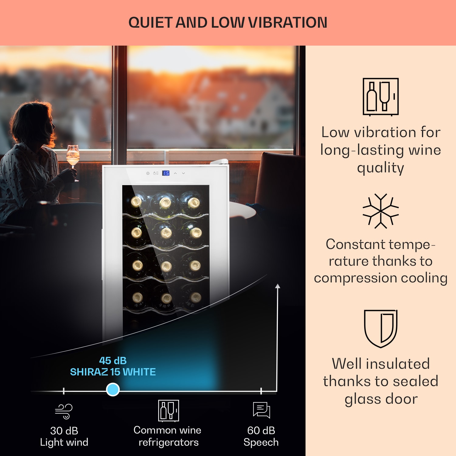 Shiraz 15 Slim Uno Wine Fridge 44l Touch Control Panel 5-18°C 15 bottles | 1 cooling zone | White Glass