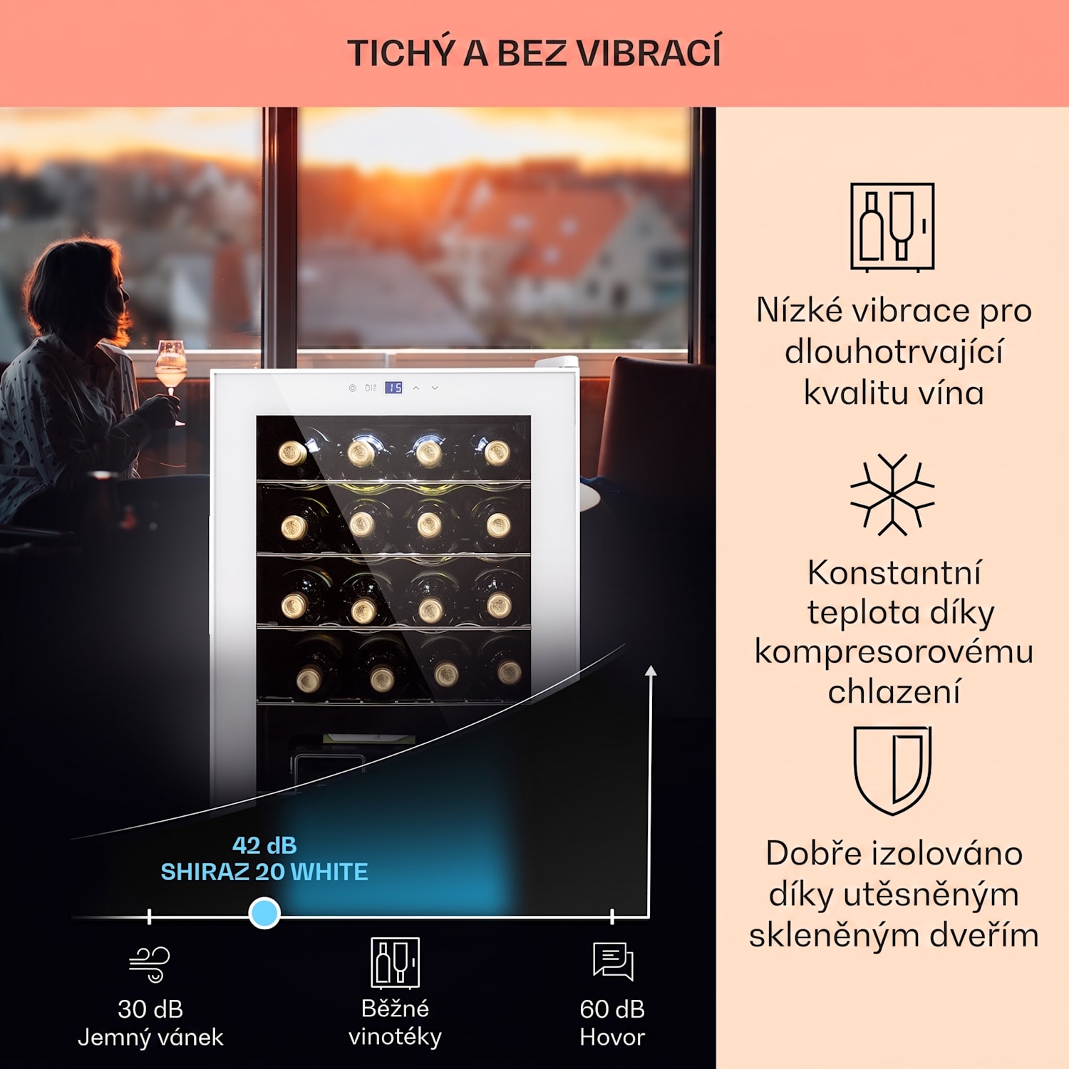 Shiraz 20 Uno, vinotéka, 53 l/20 lahví, 5-18 °C, dotykové ovládání 20 lahví | 1 chladící zóna | Bílé sklo