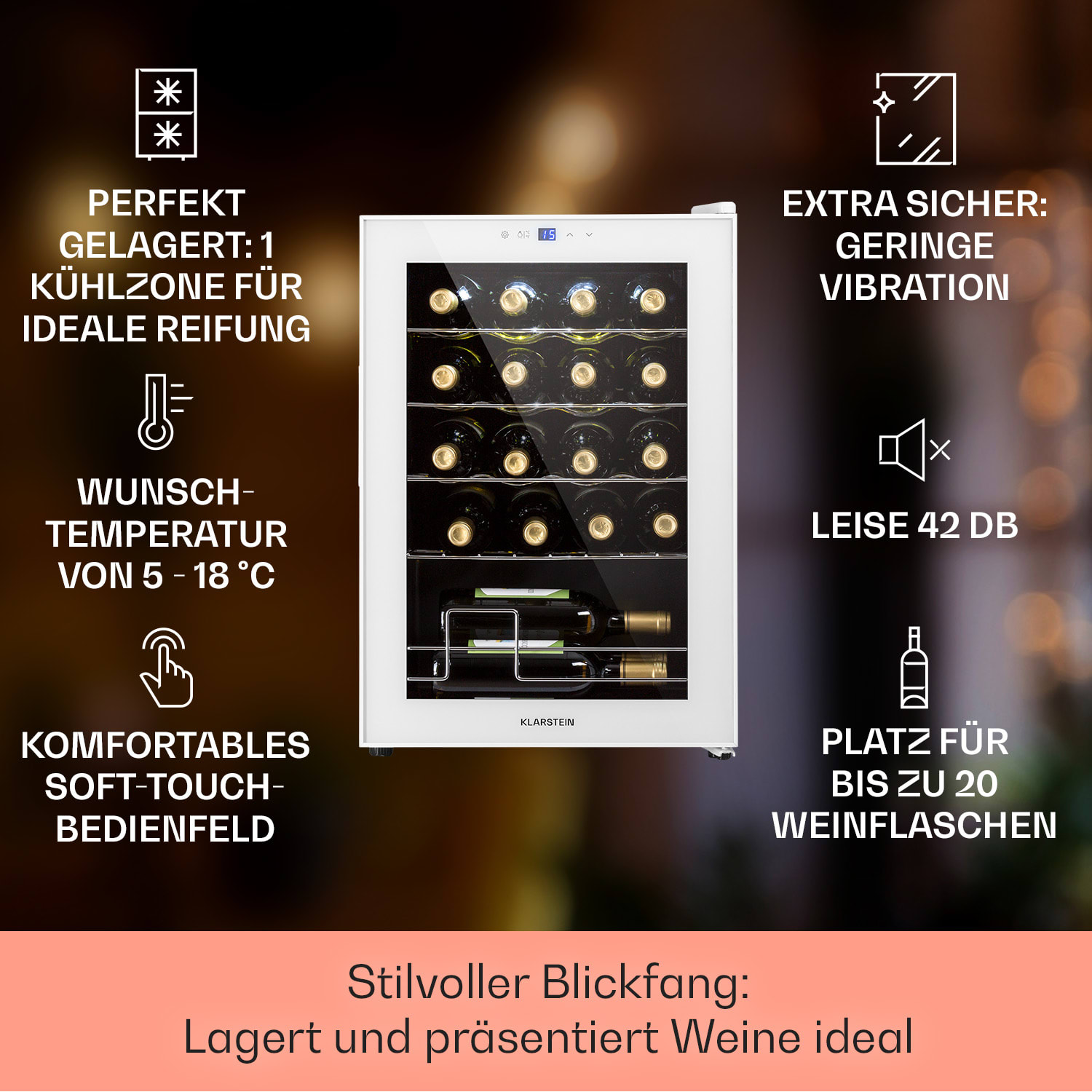 Shiraz 20 Uno Weinkühlschrank 53l 20Fl Touch-Bedienfeld 5-18°C 20 Flaschen | 1 Kühlzone | Weißes Glas
