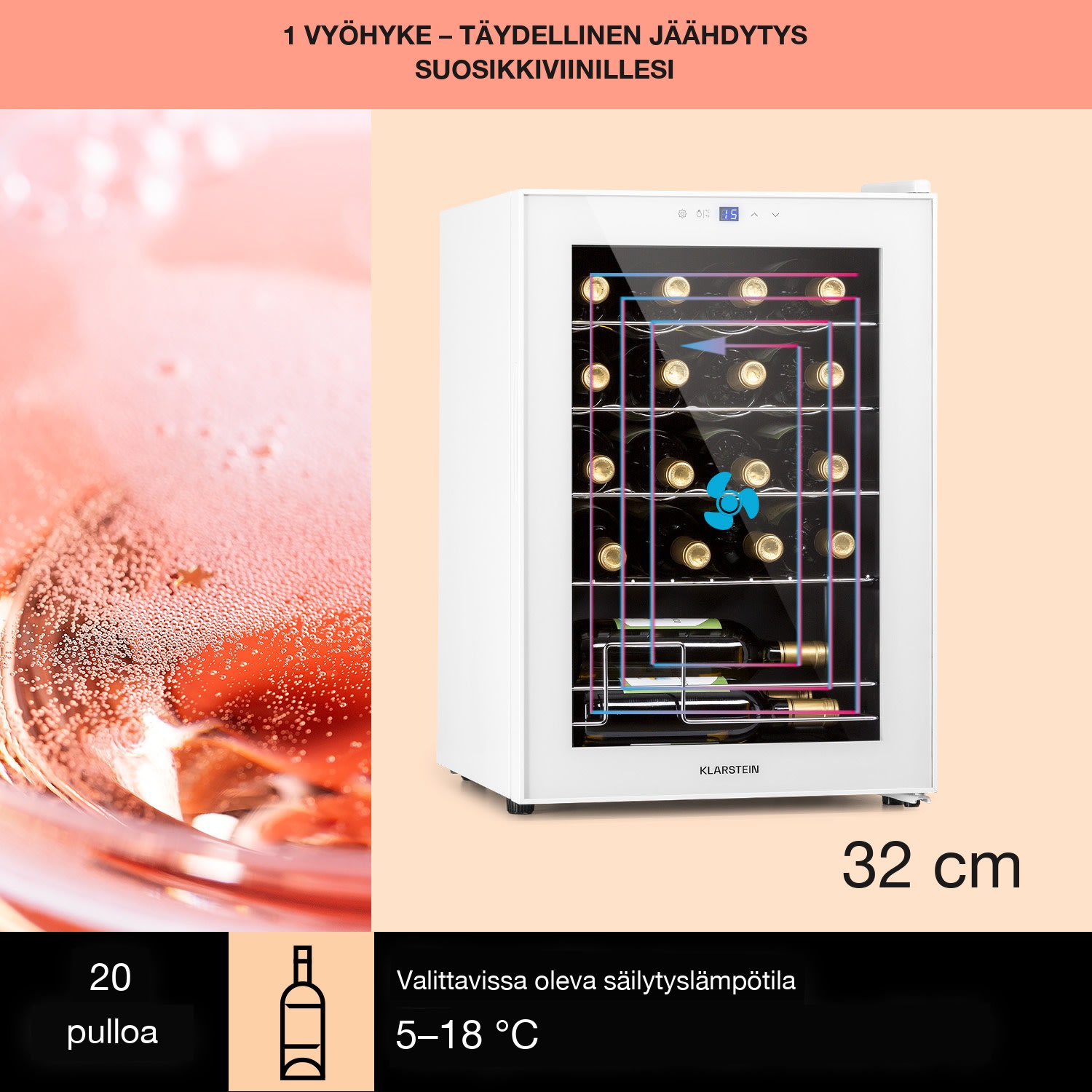 Shiraz 20 Uno viinikaappi 53 l 20 pullolle kosketuspaneeli  5-18 °C 20 pulloa | 1 jäähdytysalue | Valkoinen Lasi