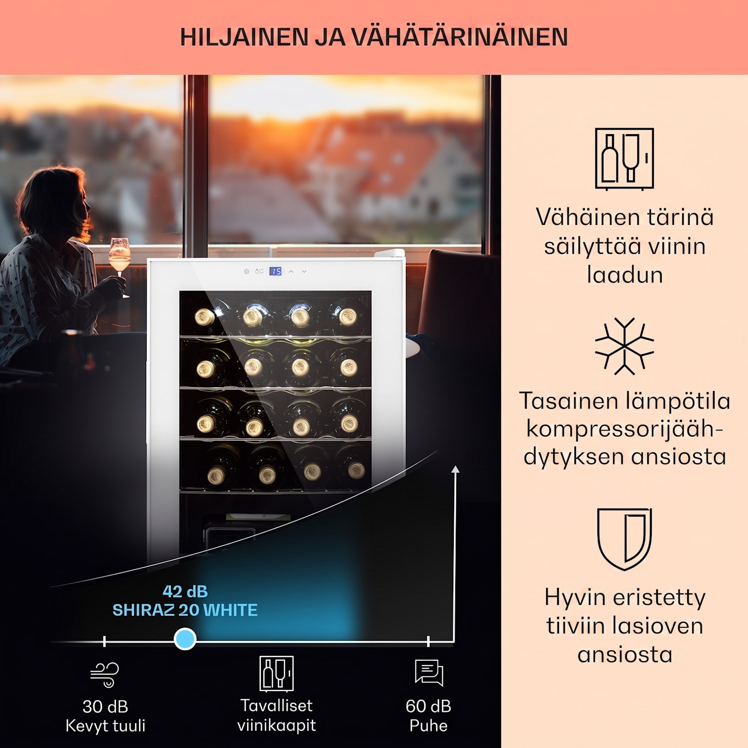 Shiraz 20 Uno viinikaappi 53 l 20 pullolle kosketuspaneeli  5-18 °C 20 pulloa | 1 jäähdytysalue | Valkoinen Lasi