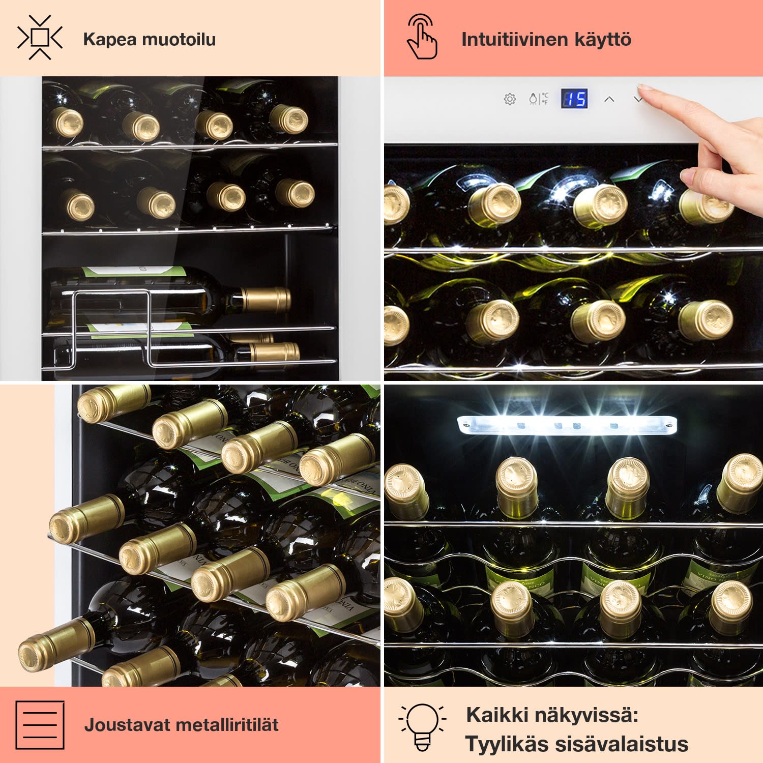 Shiraz 20 Uno viinikaappi 53 l 20 pullolle kosketuspaneeli  5-18 °C 20 pulloa | 1 jäähdytysalue | Valkoinen Lasi