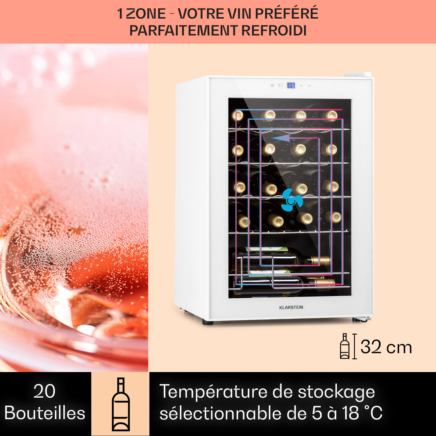Shiraz 20 Uno wijnkoelkast 53 liter 20 flessen touch bediening5-18°C 20 flessen | 1 koelzone | Wit Glas