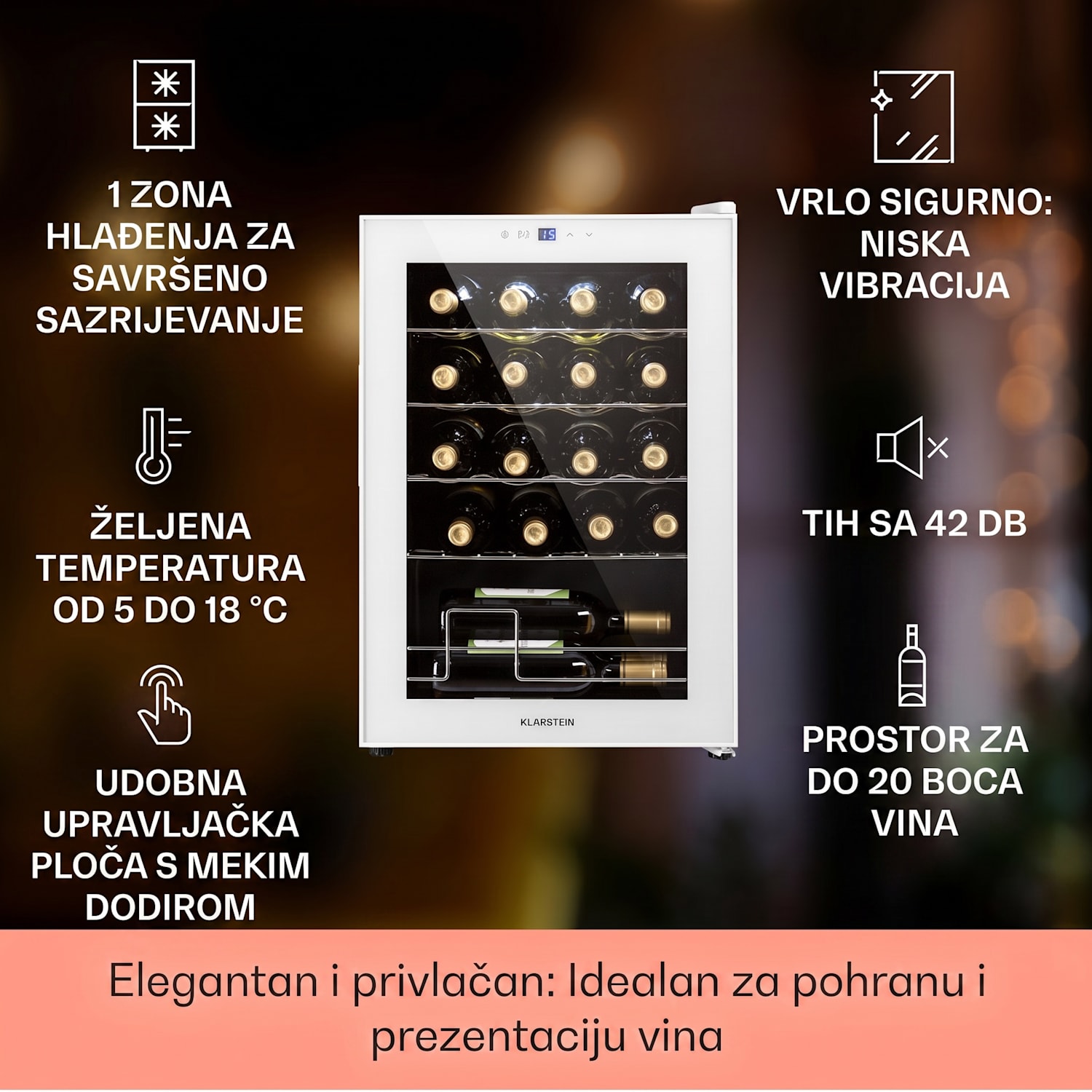 Shiraz 20 Uno, hladnjak za vino, 53l, 20fl, touch control panel, 5-18°C 20 boca | 1 | Bijelo staklo