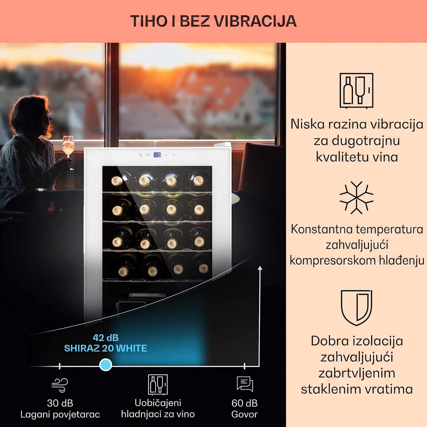 Shiraz 20 Uno, hladnjak za vino, 53l, 20fl, touch control panel, 5-18°C 20 boca | 1 | Bijelo staklo
