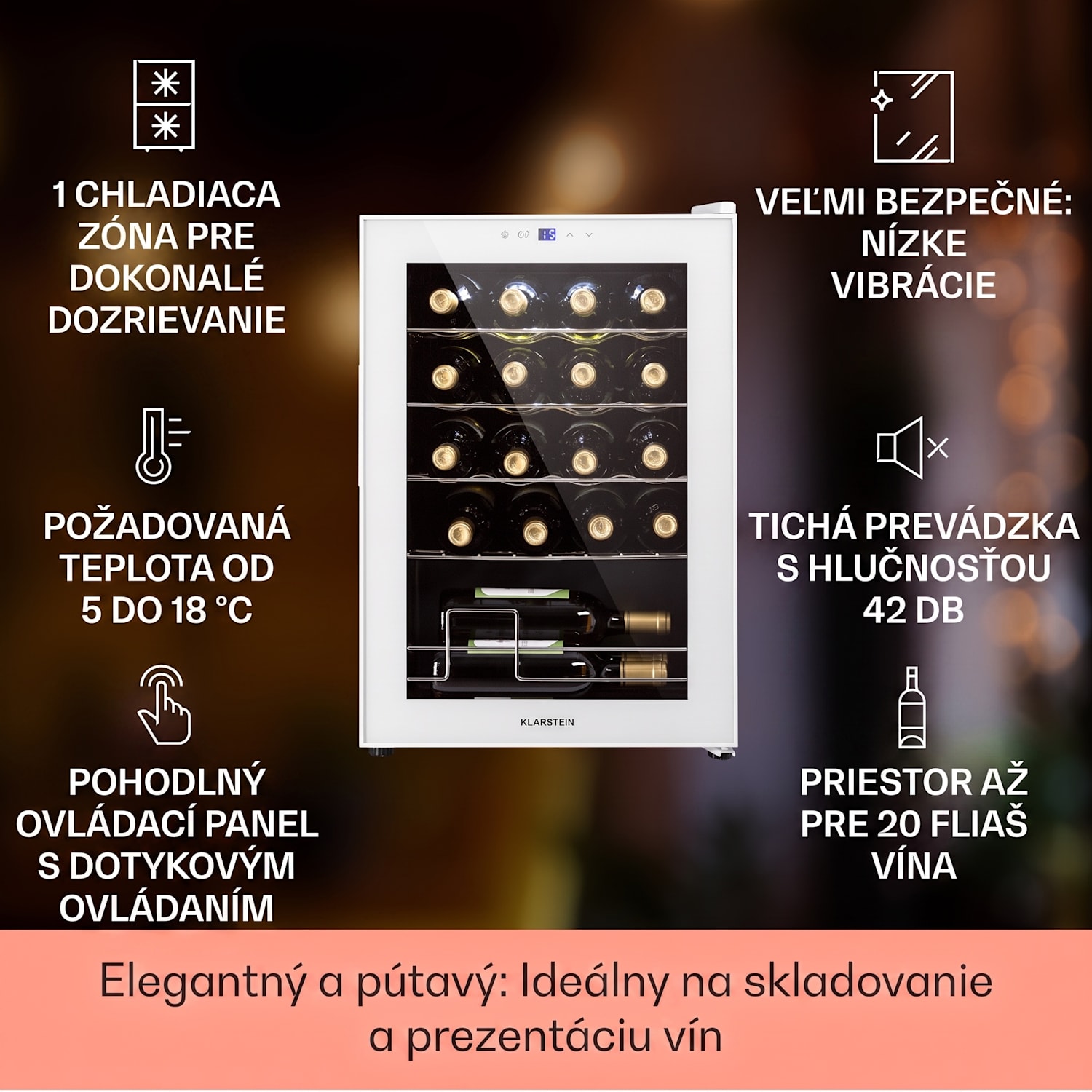 Shiraz 20 Uno, vinotéka, 53 l, 20 fliaš, 5-18°C, dotykový ovládací panel 20 fliaš | 1 chladiaca zóna | Biele sklo