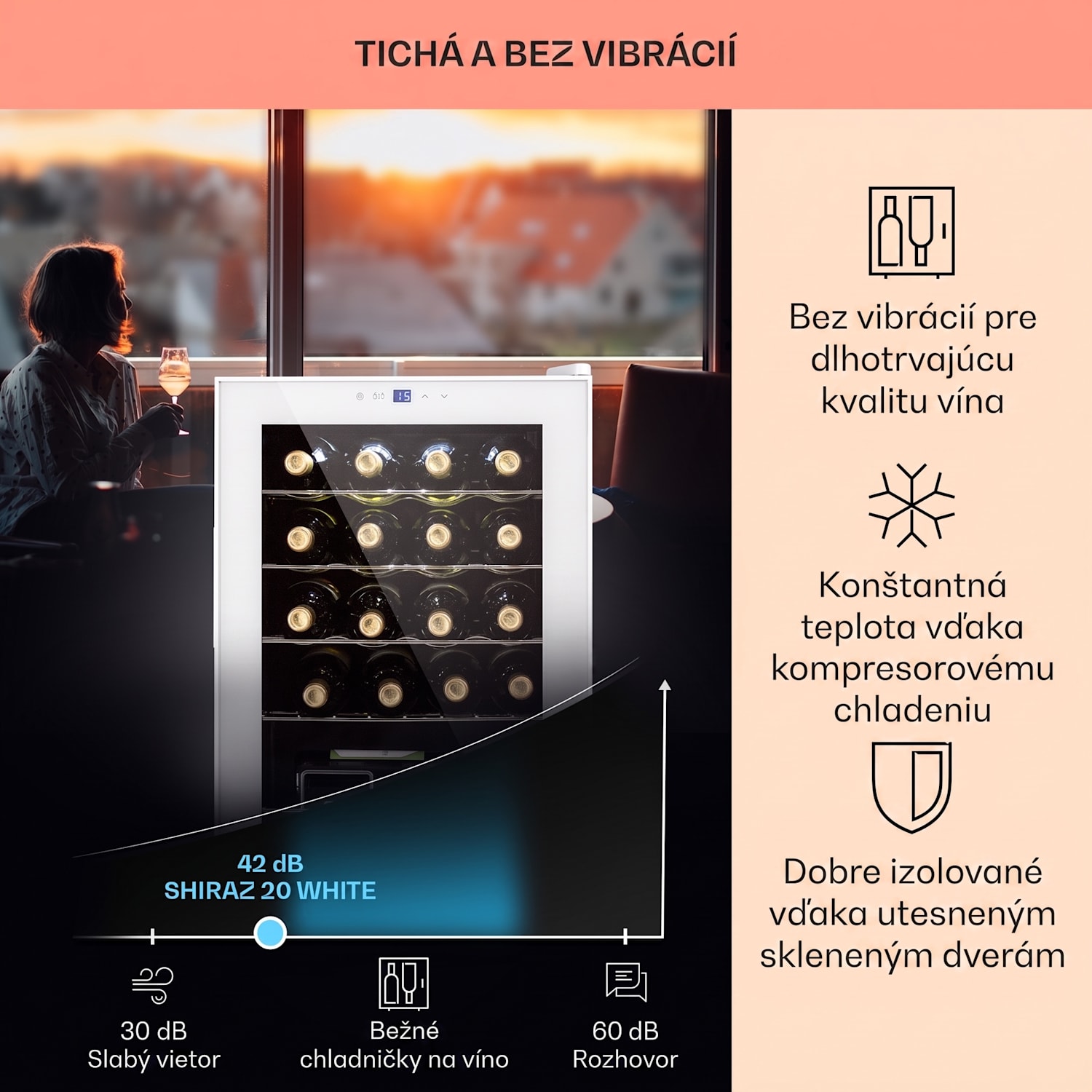Shiraz 20 Uno, vinotéka, 53 l, 20 fliaš, 5-18°C, dotykový ovládací panel 20 fliaš | 1 chladiaca zóna | Biele sklo