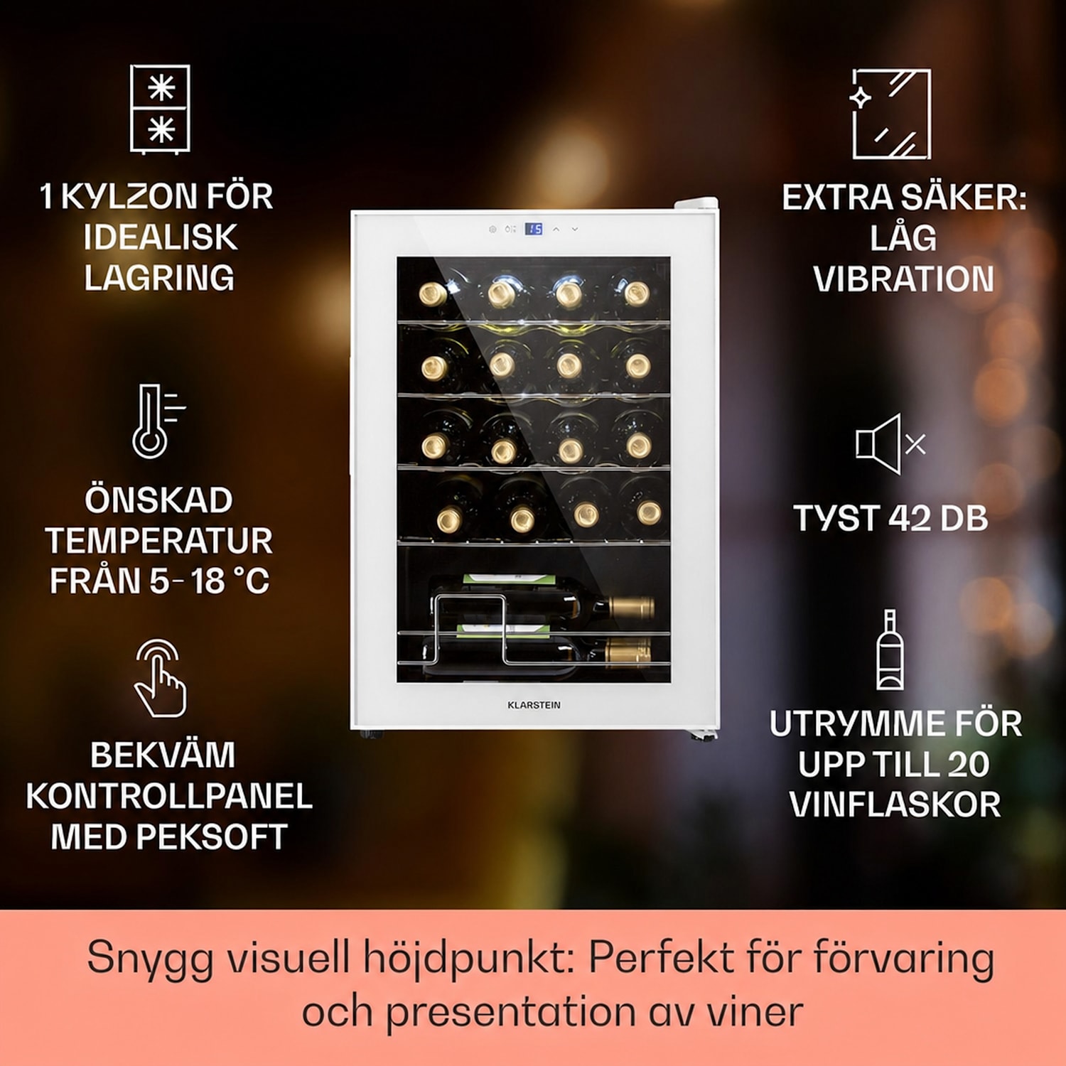 Klarstein Shiraz 20 Uno Vinkylskåp 53l 20fl touch-kontrollpanel  5-18°C 20 flaskor | 1 kylzon | Vit Glas