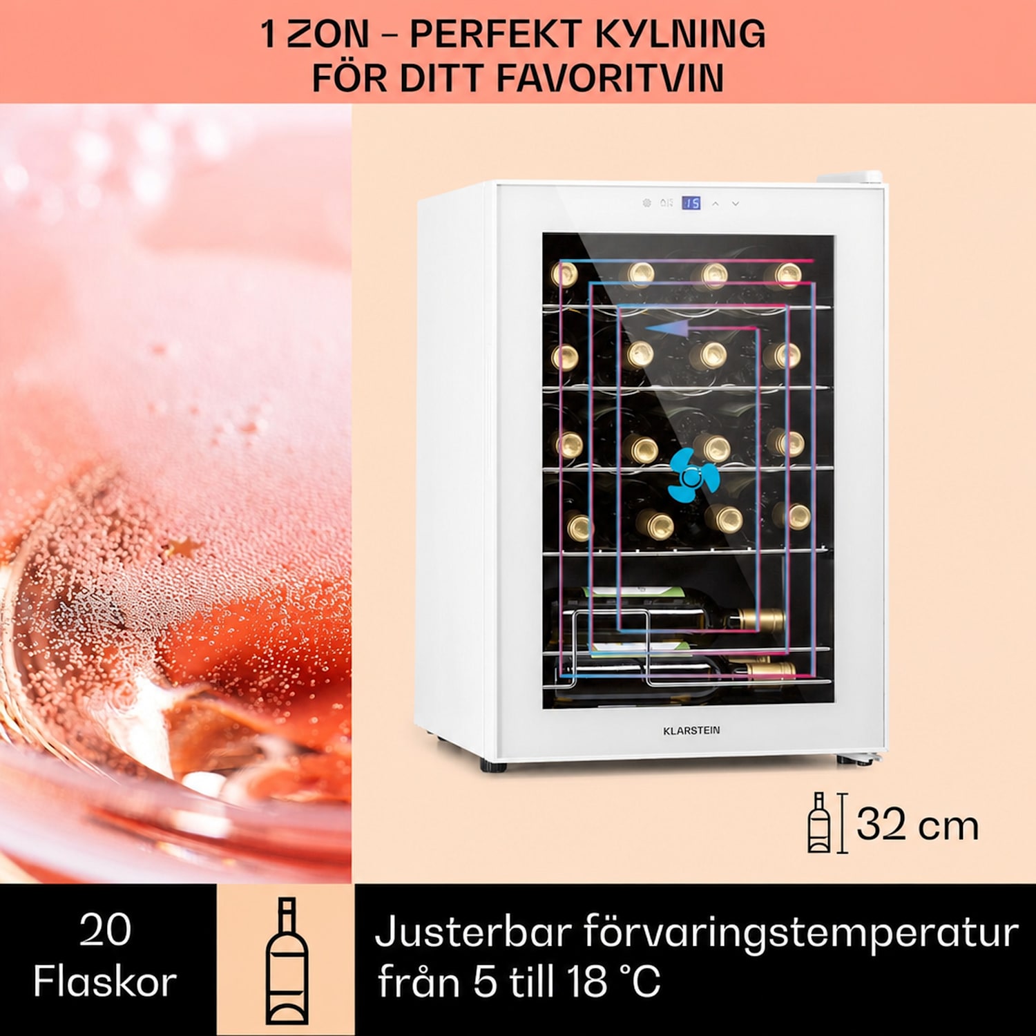 Klarstein Shiraz 20 Uno Vinkylskåp 53l 20fl touch-kontrollpanel  5-18°C 20 flaskor | 1 kylzon | Vit Glas