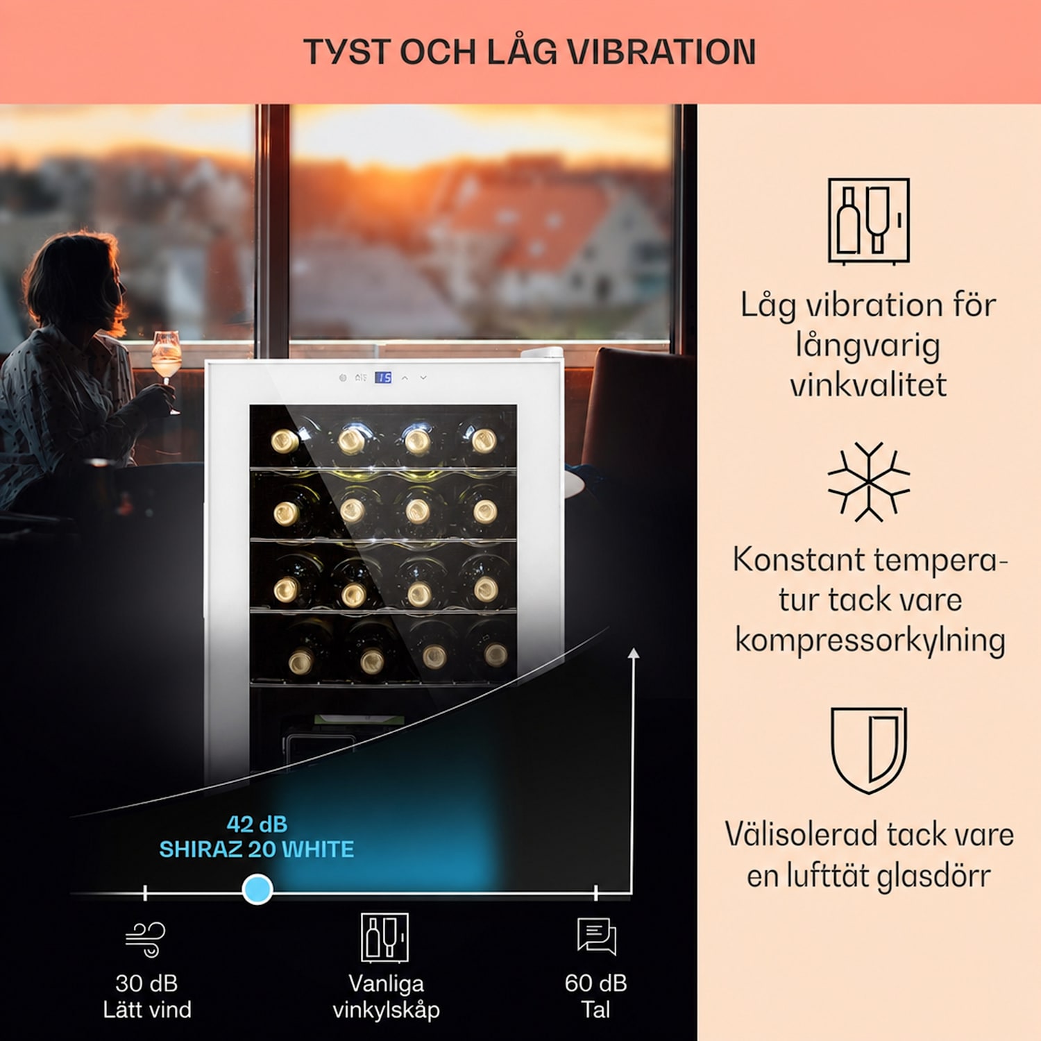 Klarstein Shiraz 20 Uno Vinkylskåp 53l 20fl touch-kontrollpanel  5-18°C 20 flaskor | 1 kylzon | Vit Glas