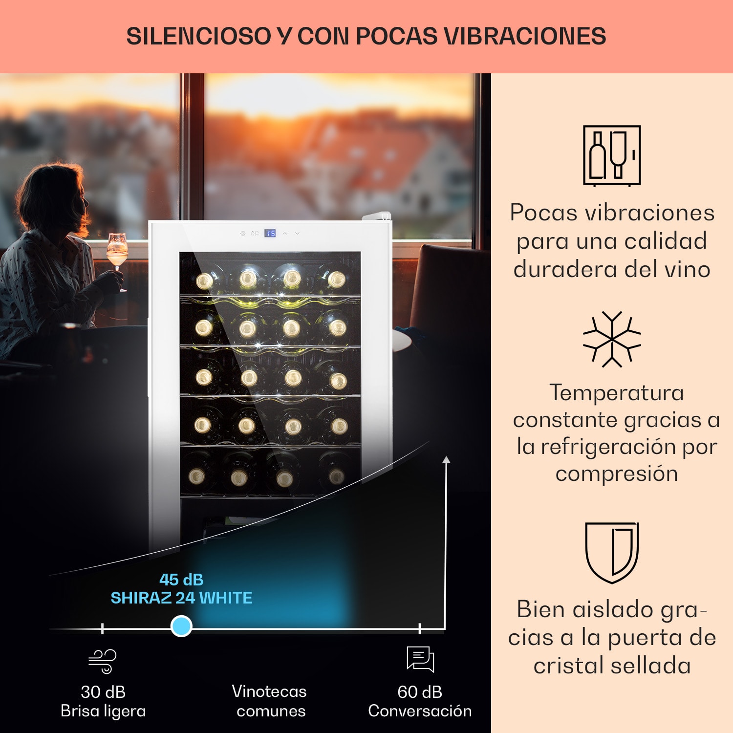 Shiraz 24 Uno Vinoteca 63L 24 botellas panel de control táctil de 5 a 18 °C 24 botellas | 1 zona de refrigeración | Vidrio Blanco
