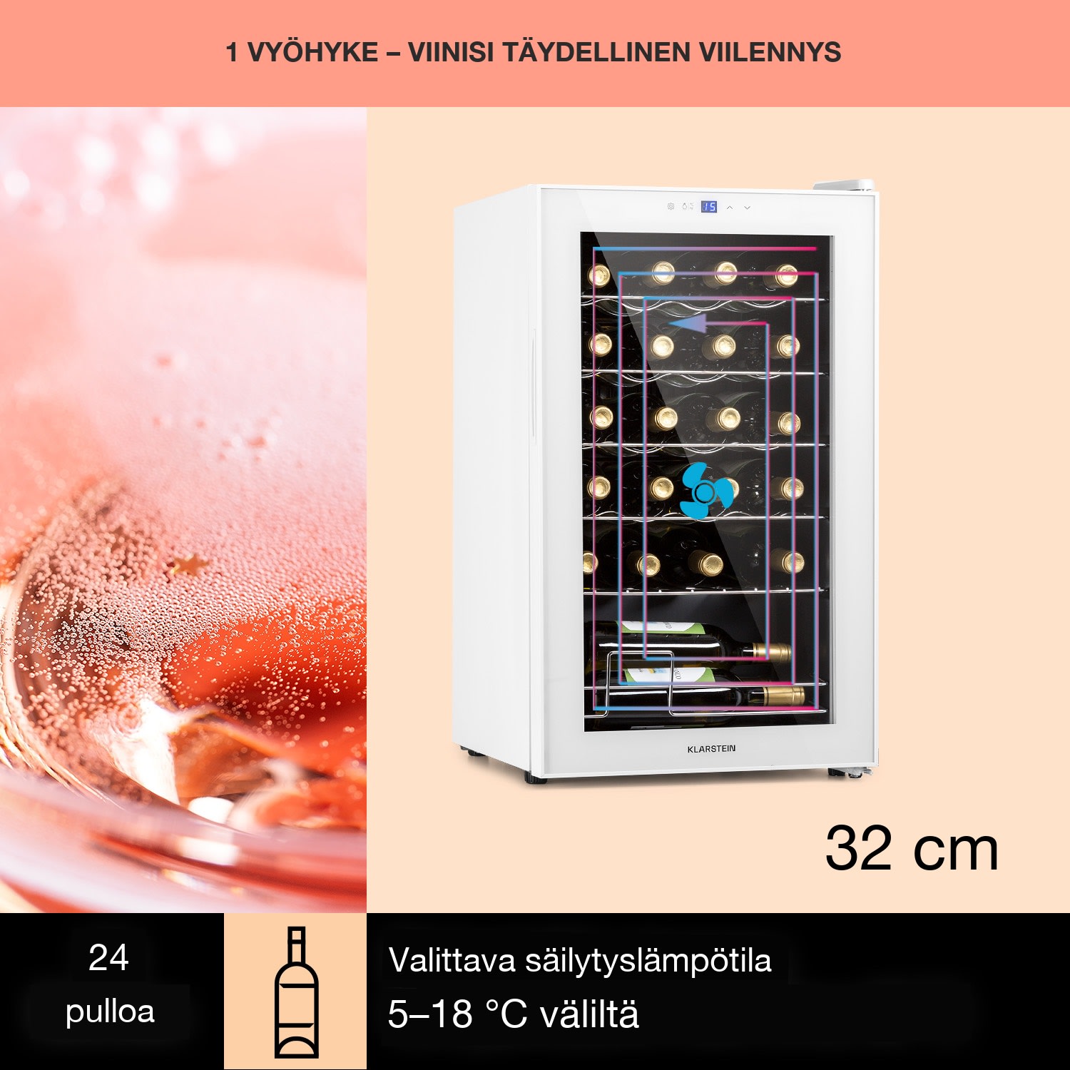 Shiraz 24 Uno viinikaappi 63 l 24 pullolle kosketuspaneeli  5-18 °C 24 pulloa | 1 jäähdytysalue | Valkoinen Lasi