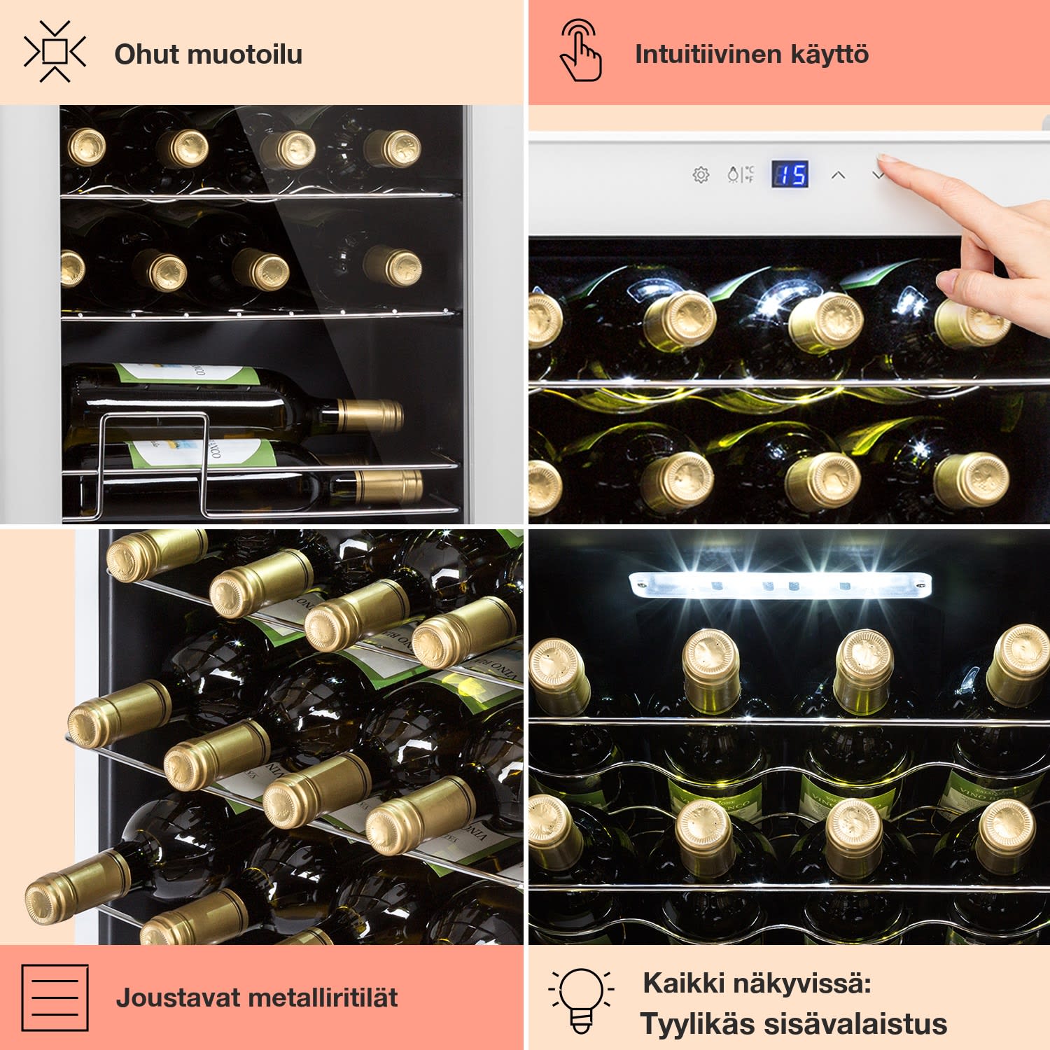 Shiraz 24 Uno viinikaappi 63 l 24 pullolle kosketuspaneeli  5-18 °C 24 pulloa | 1 jäähdytysalue | Valkoinen Lasi